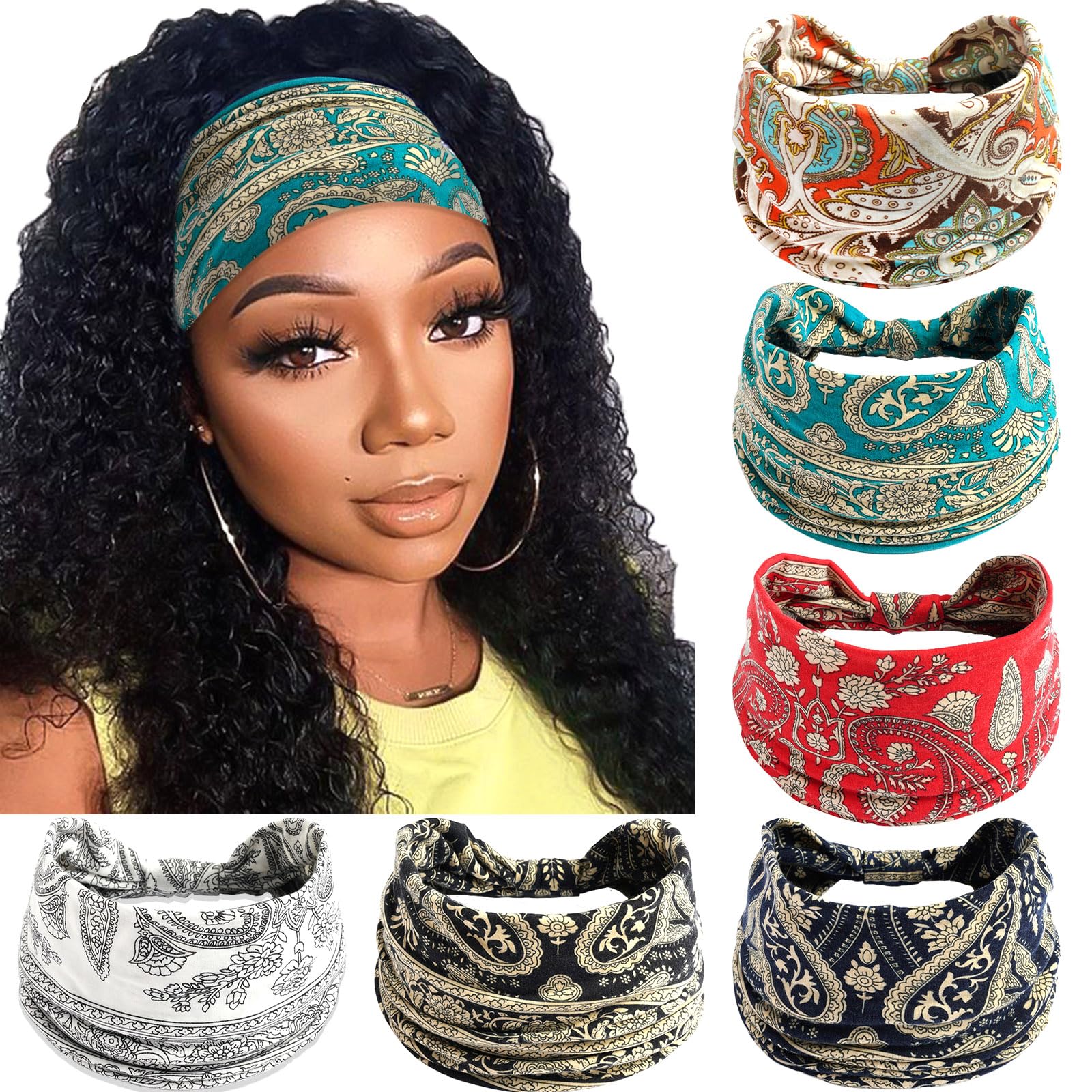 SAWINDA 6 Pack Wide Headbands for Women Boho Hair Bands Knotted Non-Slip Bandana Headbands Floral Printed African Head Bands for Women's Hair Stretchy