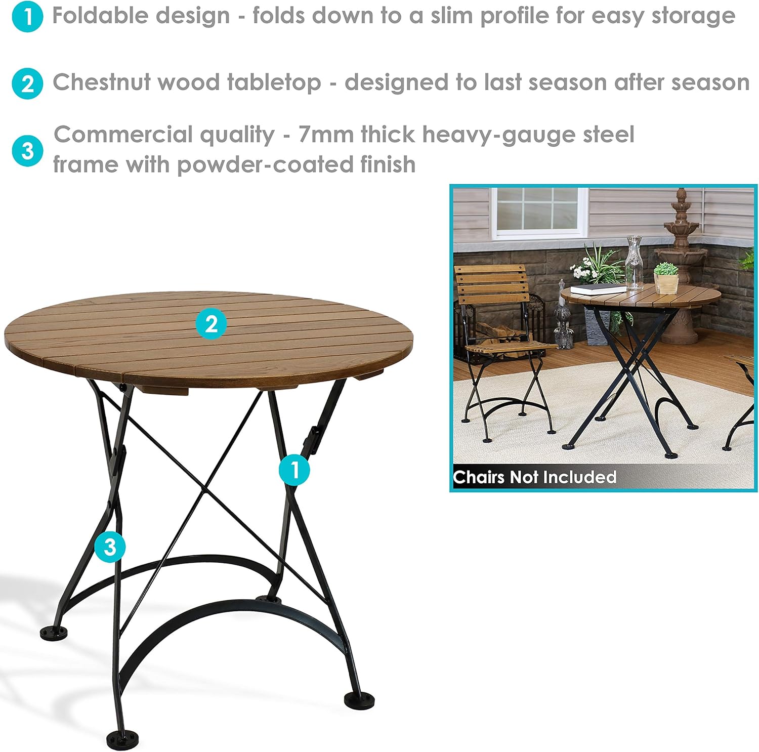 Sunnydaze European Chestnut Wood Folding Round Bistro Table - Indoor/Outdoor Table for Patio, Kitchen or Dining Room - Foldable for Easy Storage -32-Inch Diameter : Sunnydaze Decor: Patio, Lawn & Garden