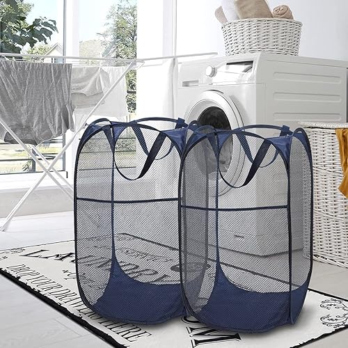 Miniatura 6 de BATTOO Cesta de lavandería emergente de malla fuerte de lujo con bolsillo lateral, plegable para cuarto de lavandería, baño, habitación de niños