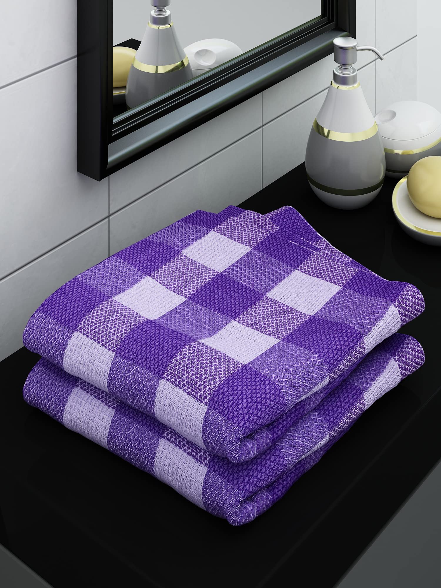 Athom Trendz Living Eco Saviour Premium Cotton Bath Towel Purple Big Checks (Pack of 2)