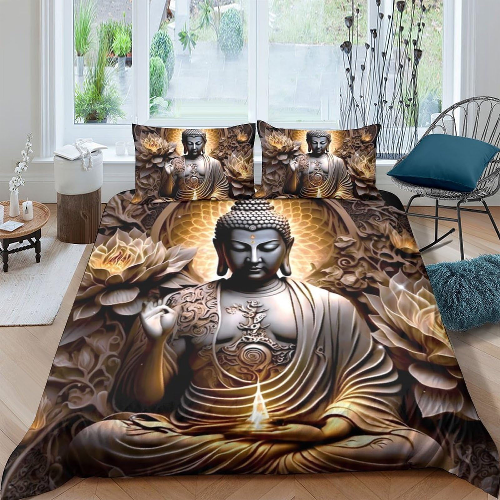 Ctjqhvkz Style-3 3D Printed Golden Buddha Fitted Sheet Microfiber Artistic Lotus Bed Cover Non-Slip Bedroom Decor Machine Washable Single（135X200cm）