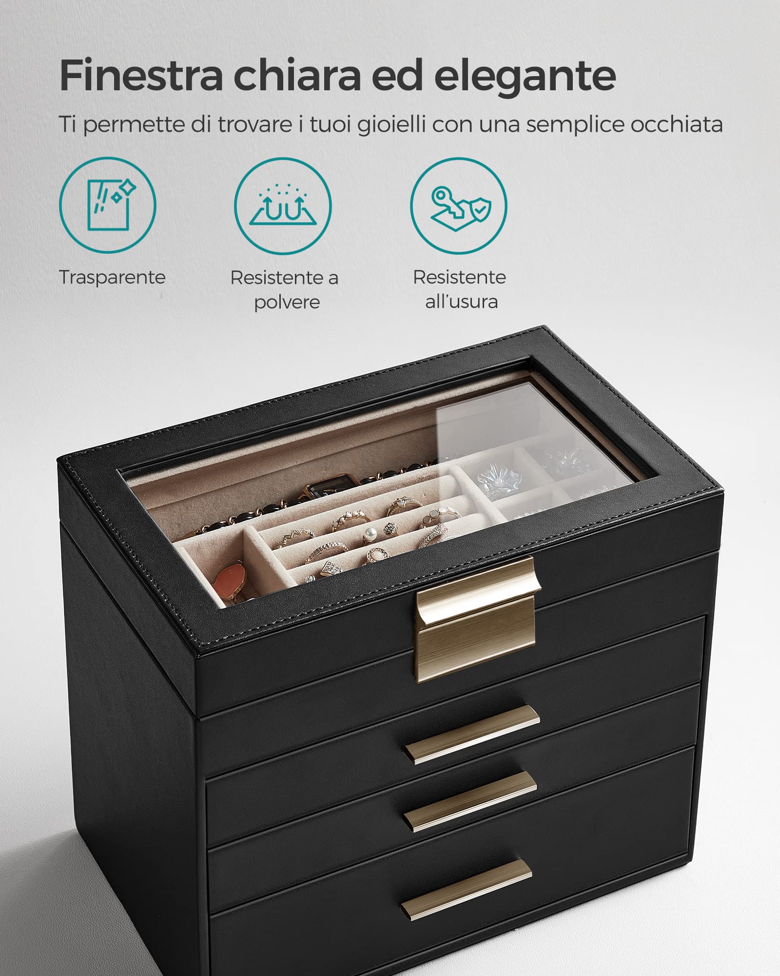 SONGMICS Scatola Portagioie, 4 Livelli, Coperchio in Vetro, 3 Cassetti, Porta Gioielli, Occhiali da Sole e Accessori Grandi, Moderno, Nero Grafite e Dorato JBC161B02