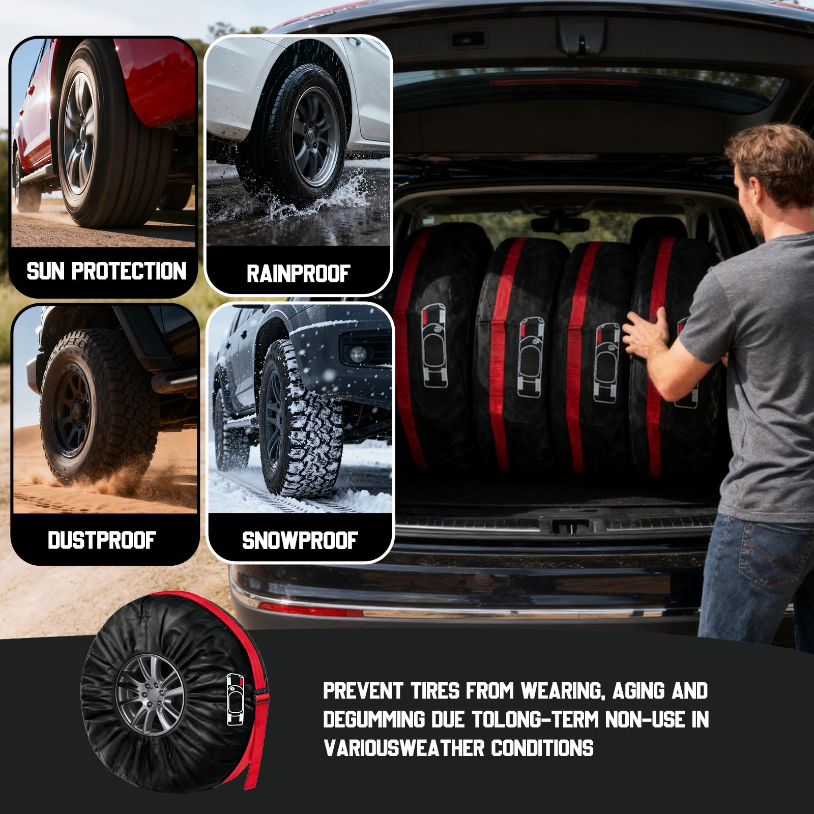 Set di 4 Borse per Pneumatici Auto Impermeabili Antipolvere 13-18'' Copriruota con Manico