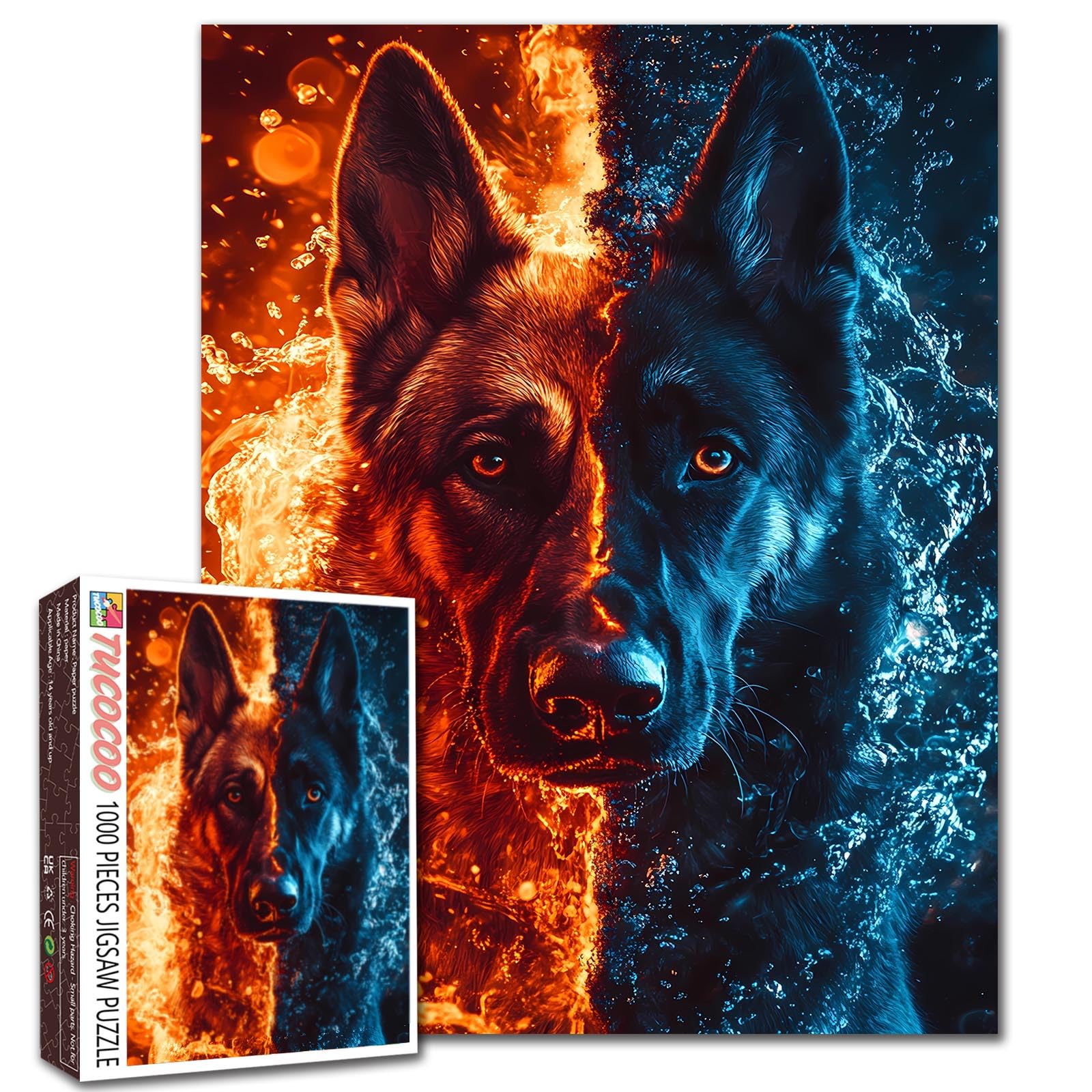 German Shepherd 1000 Piece Jigsaw Puzzles for Adults Ice and Fire Puzzles Animal Puzzle Colorful DIY Puzzles for Home Decoration Gifts, Family Puzzle Perfect for Game Nights 27×20 Inches