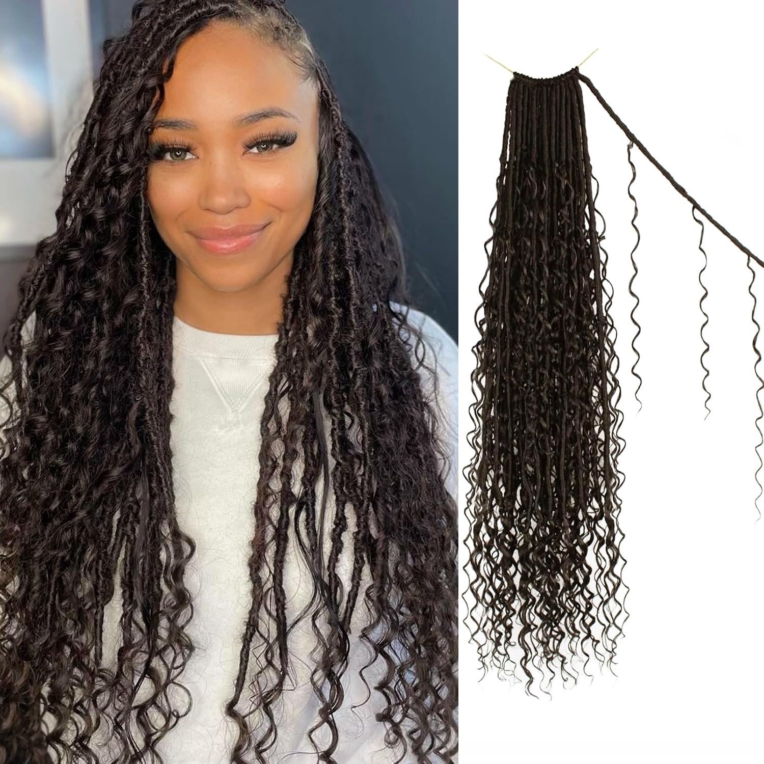 Boho Faux Locs Crochet Hair 24 Inch Goddess Locs 8 Packs Boho with Curly Ends Pre-looped Long Bohemian River Locs Crochet Hair for Black Women(24Inch,