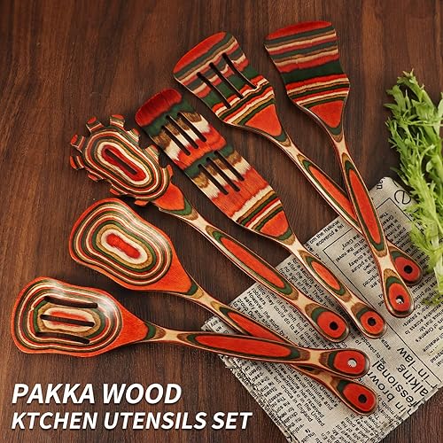 Miniatura 4 de WOSPONFAN - Juego de cucharas de madera para cocinar, juego de utensilios de cocina de madera de Pakkawood, espátula de madera esencial para