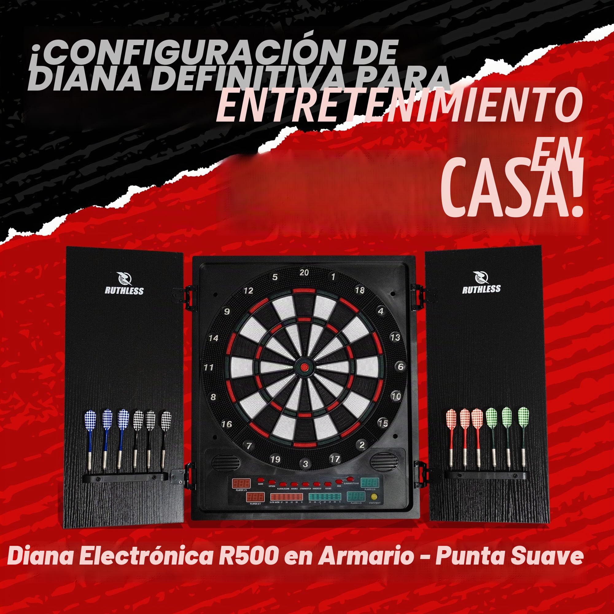 Ruthless - Tablero de dardos electrónico Ruthless R500 en gabinete - Punta blanda - incluye 4 juegos de dardos - para 8 jugadores - 27 juegos