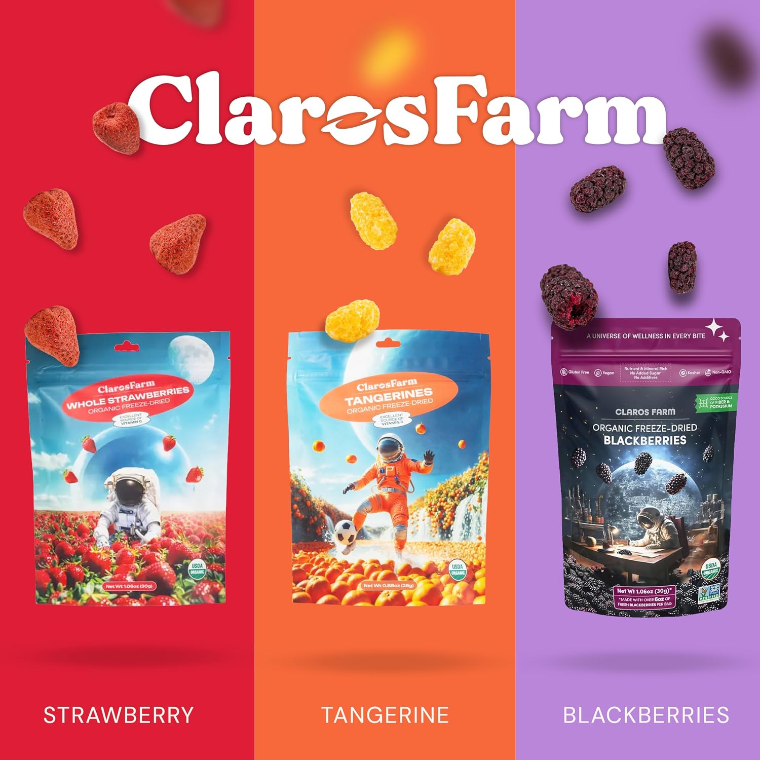 Claros Farm Freeze-Dried Fruit Bulk Strawberries & Tangerines Variety Pack – Single-Ingredient, Freeze Dried Fruit Snacks No Sugar Added – Vegan, Gluten-Free, & Organic Fruit Snacks for Kids (10-Pack)