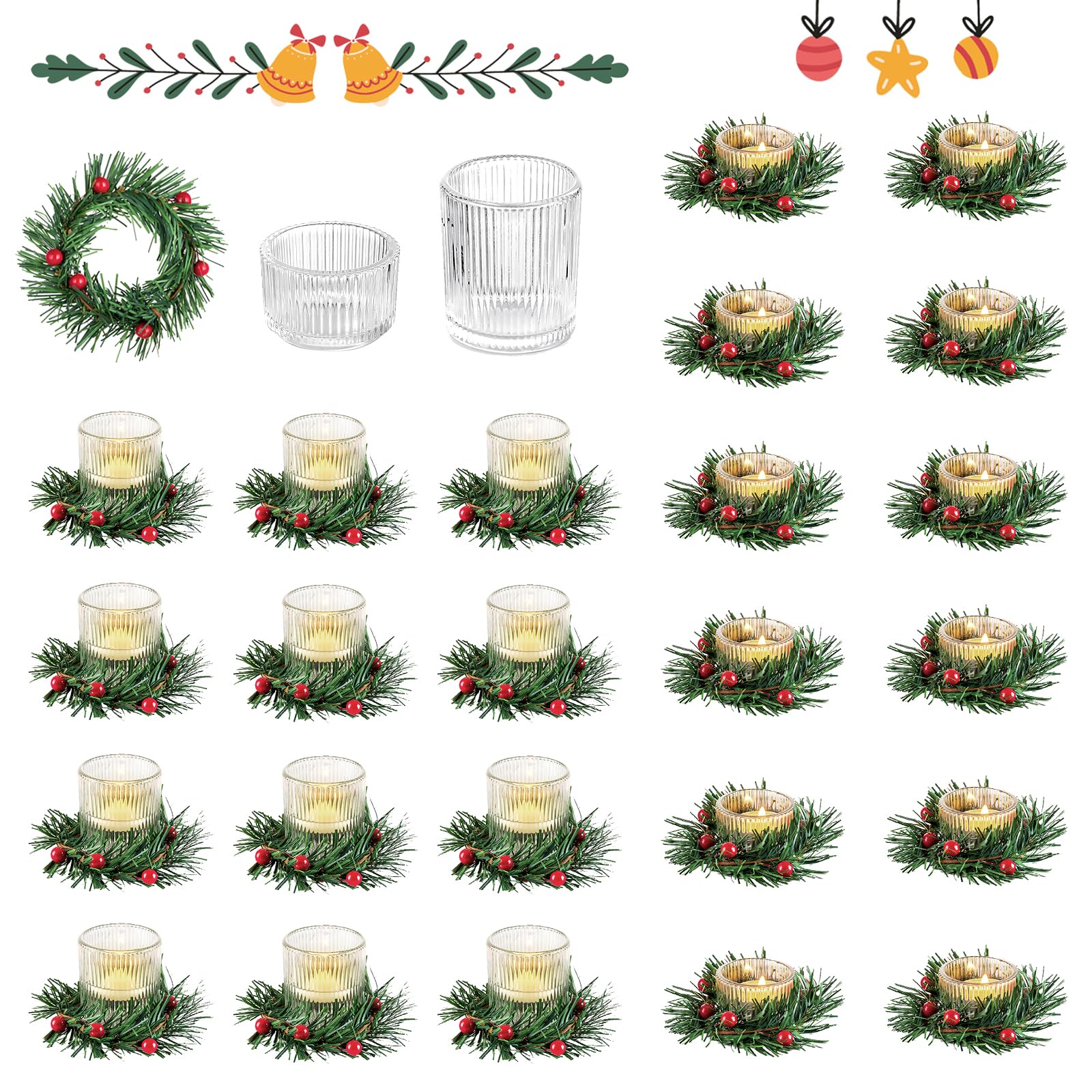 Glasseam Portavelas Votivas Con Anillos para Velas De Navidad: 24 Pequeños De Té A Granel, De Vidrio Acanalado Con Corona De Adviento, Decorativos para Centro De Mesa