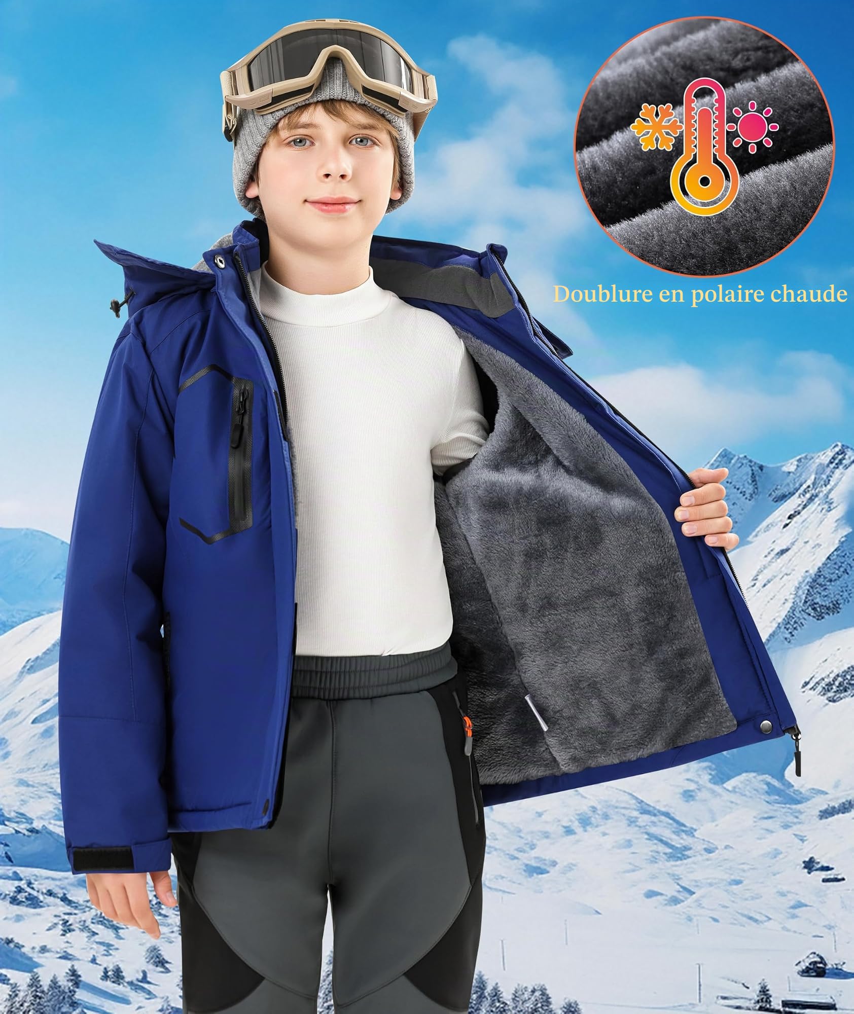 Zoofly Veste de Ski Enfant Imperméable avec Capuche Hiver Manteau Doublé Polaire Chaud
