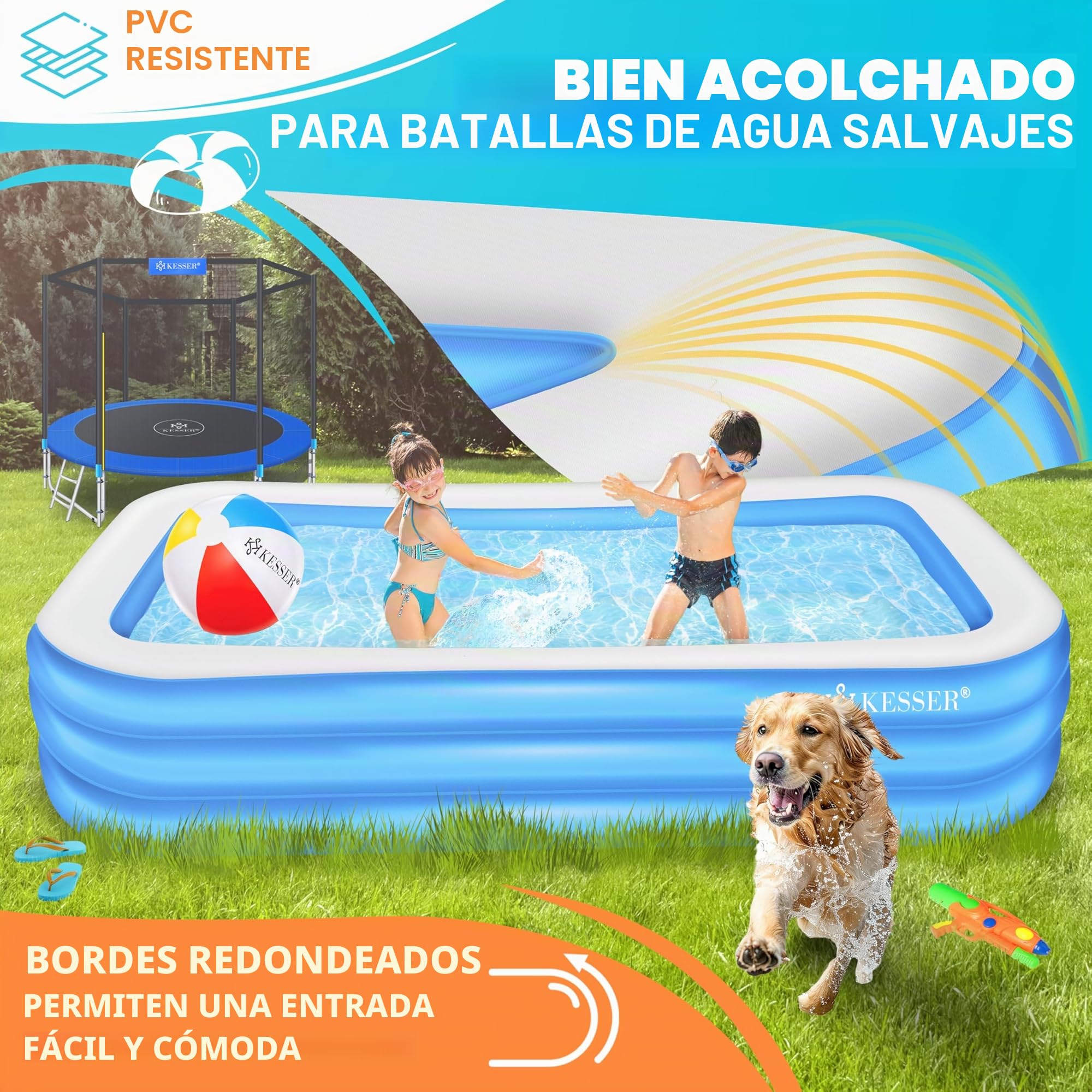 KESSER® Piscina Familiar Inflable para Niños y Adultos, de Jardín y Verano, 240 x 142 x 56 cm, 613 Litros, con Agujeros de Drenaje