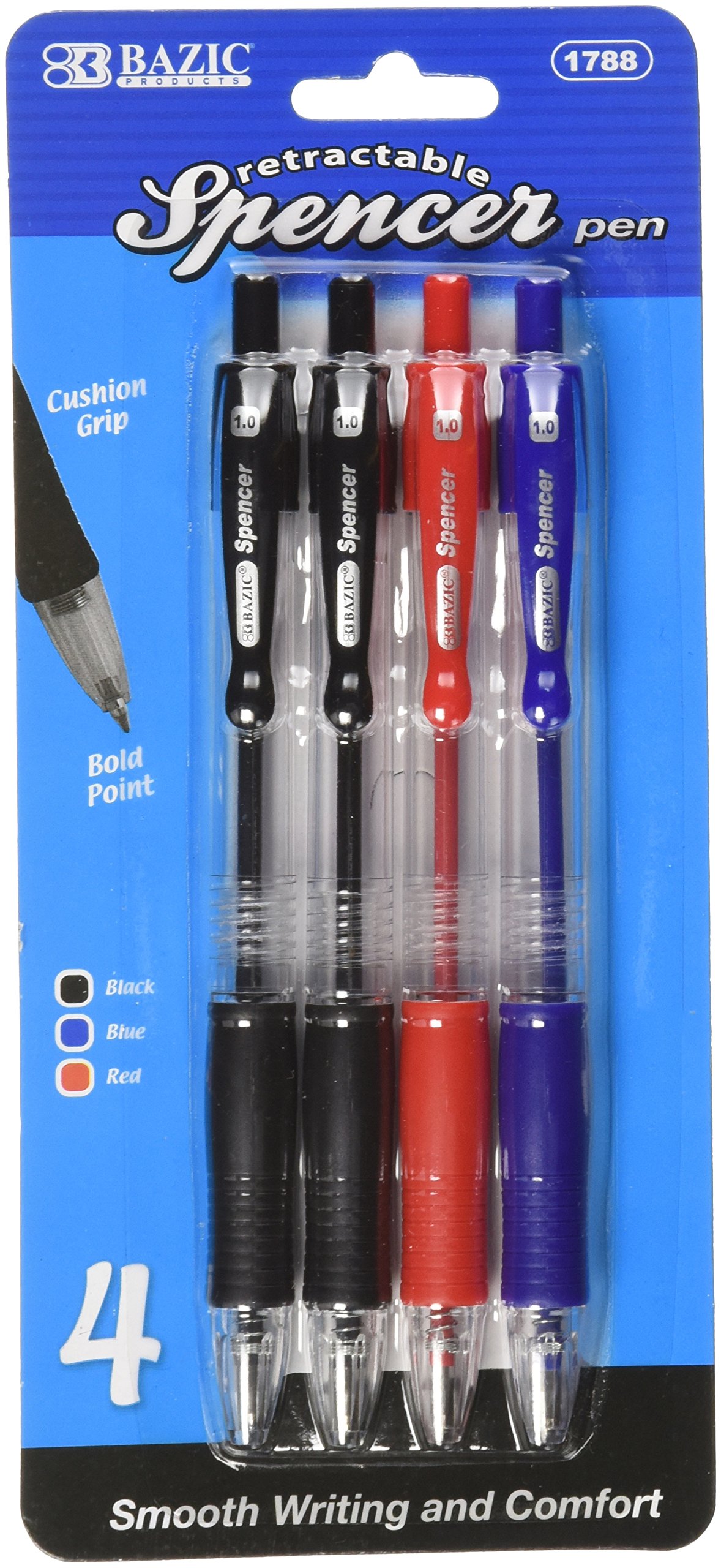 BAZIC Spencer Asst Color Retractable Pen w Cushion Grip 4 Pack