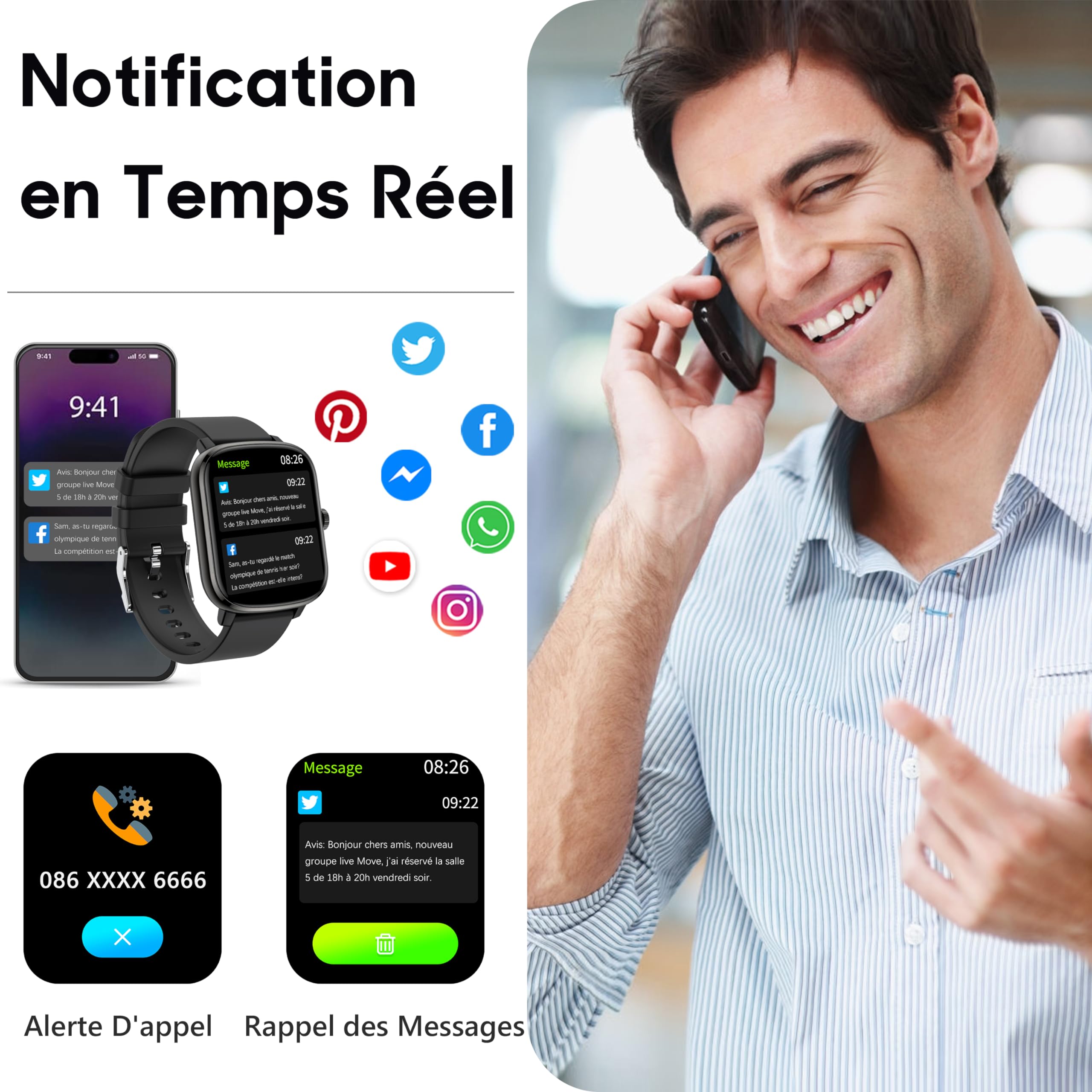 Popglory Montre Connectée Femme Homme, Smartwatch Cardiofrequencemètre Moniteur de Sommeil Pression Artérielle 100 Modes Sportifs Compatible Android iOS pour Homme Femme Montre Intelligente