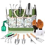 Garden Tools Set 10-Piece, Heavy Duty Stainless Steel Garden Hand Tools with Floral Tote Bag - Rust-Proof Garden Tools for Gardening, Gardening Gifts for Women Mom​