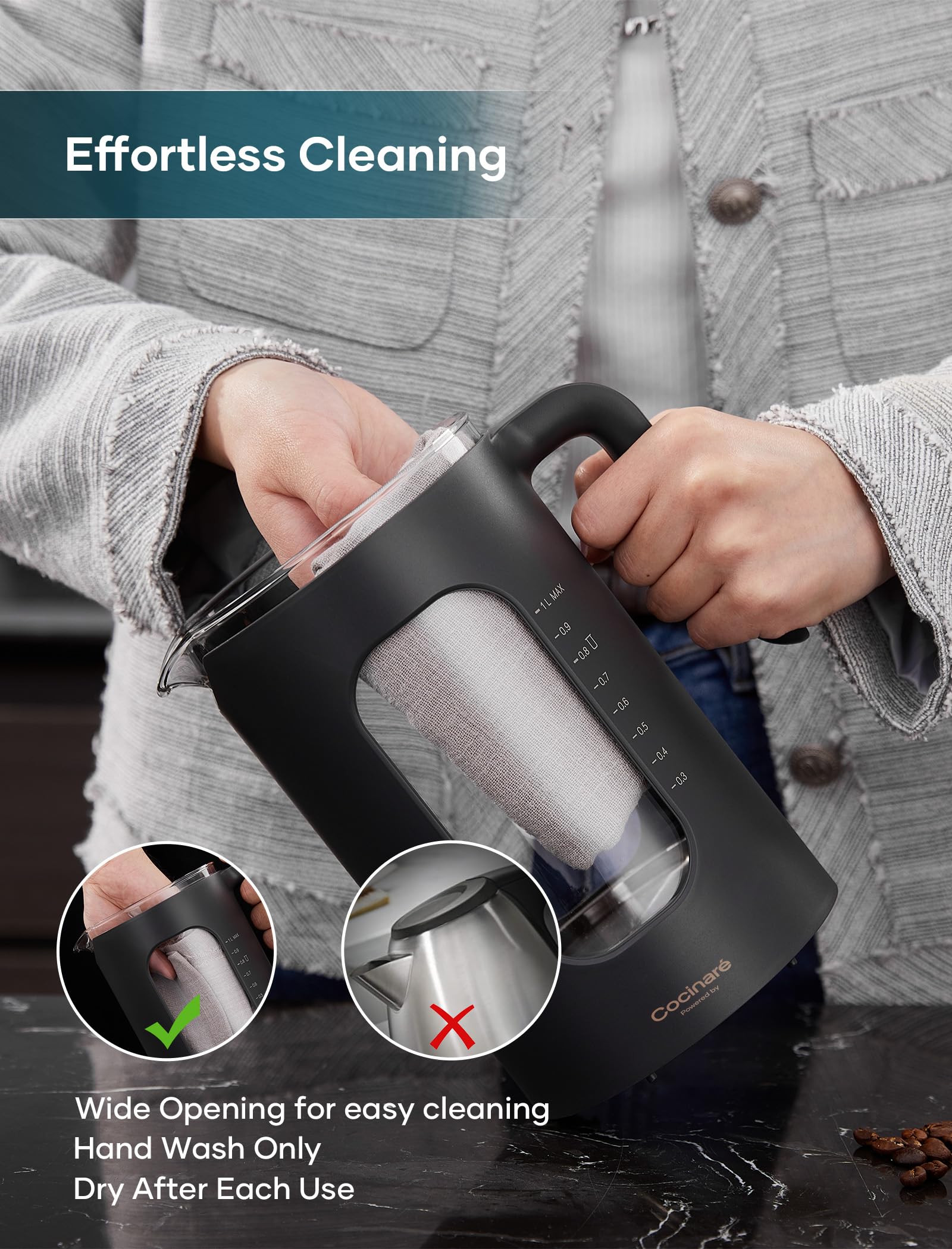 INTASTING Electric Kettle, Electric Tea Kettle with Infuser, 1 Liter | ±1℉ Temperature Control, 1200W Fast Heating, BPA-Free Glass, Easy to Clean, Keep-warm, Auto shut-off, Wood