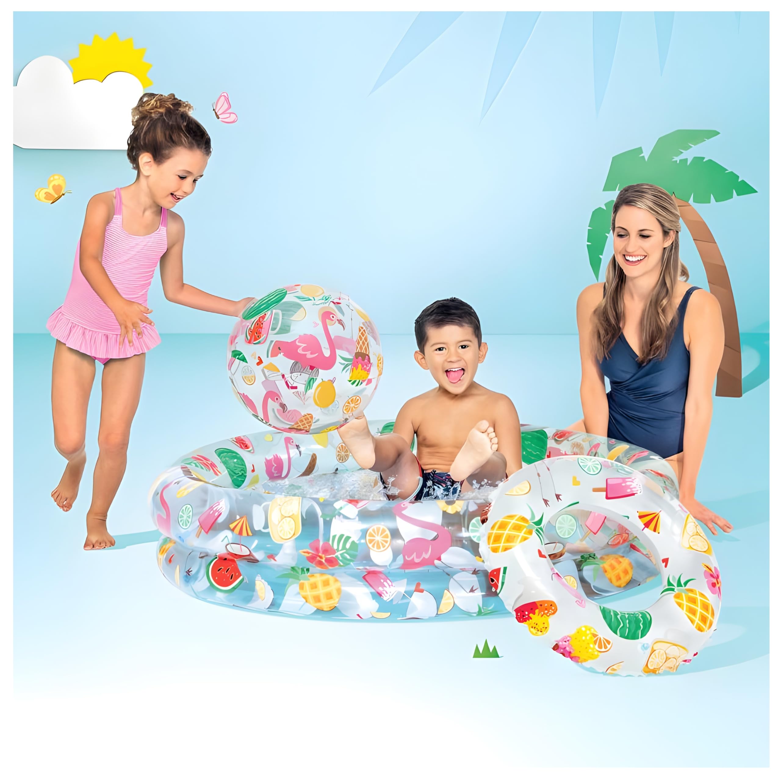 Just So Fruity Inflatable Kiddie Pool Set - Vibrant Tropical Design Featuring Flamingos, Pineapples, and Ice Creams with Matching Beach Ball and Swim Ring for Endless Summer Water Fun (Ages 2+)-picture-16