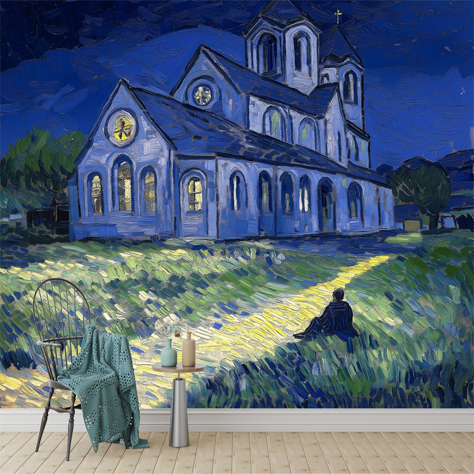 Peinture église française Auvers pour masquer un mur blanc sans travaux