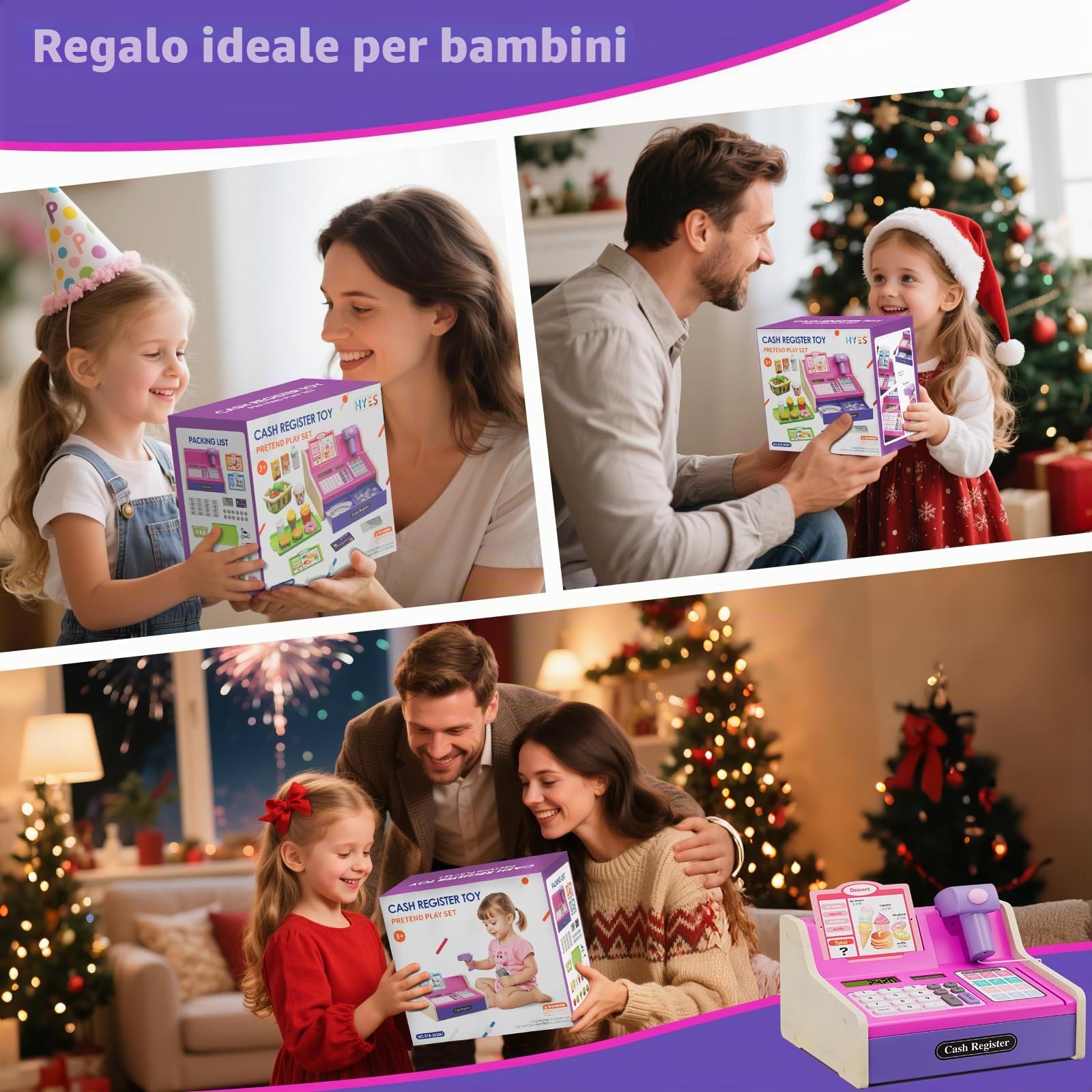 HYES Registratore di Cassa Giocattolo in Legno per Bambini con Scanner, Calcolatrice Reale, Giocattoli Soldi / Monete / Carta di Credito / Cesto Della Spesa, Giochi Regalo per Ragazzi Ragazze, Rosa