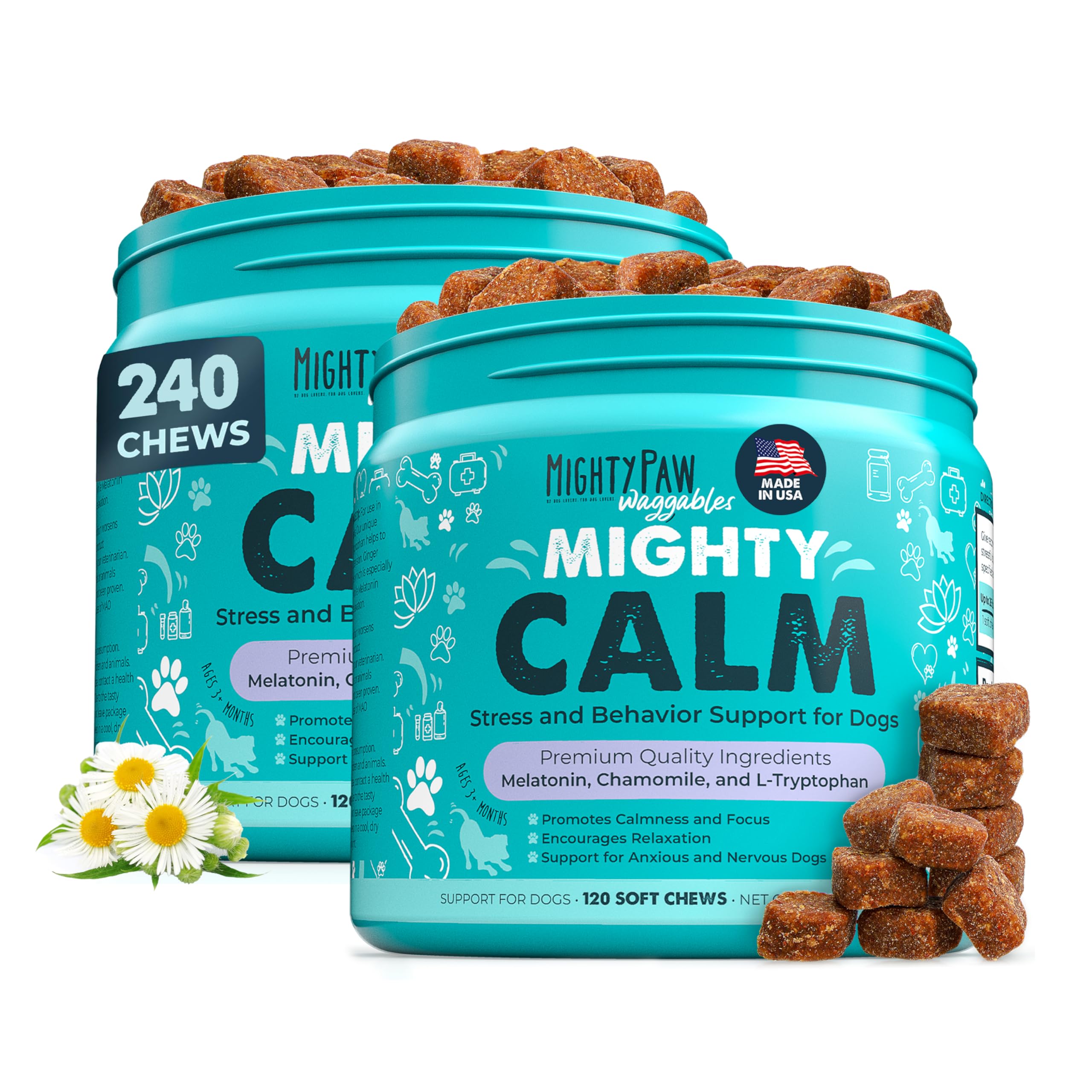 Mighty Paw Calming Chews for Dogs with Melatonin 2 Pack - Sleep Aid Waggables Calm (Made in USA) - Puppy & Large Dog Treats - Composure Dog Calming Chews for Stress & Relaxation, 240 Count