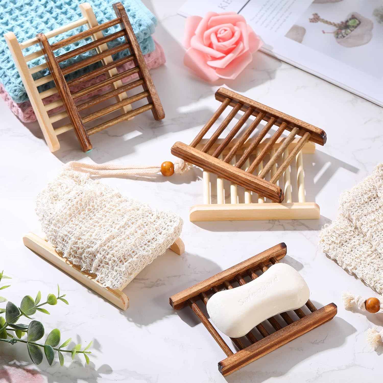 120 Pcs Soap Saver Set Including Wooden Dish, Exfoliating Bag, Saver Pads Bulk with Self Drain, Bar Soap Holder Mesh Bag for Shower Bath Home Toilet Kitchen Hotel Restaurant