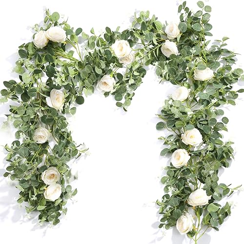 Der Rose 10 Pcs 13Ft Artificial Eucalyptus Flower Garland with Fake Silk Rose Flower Vine Seeded Eucalyptus Leaves Greenery Garland for Wedding Arch Table Wall Backdrop Party Room Decor (Champagne)
