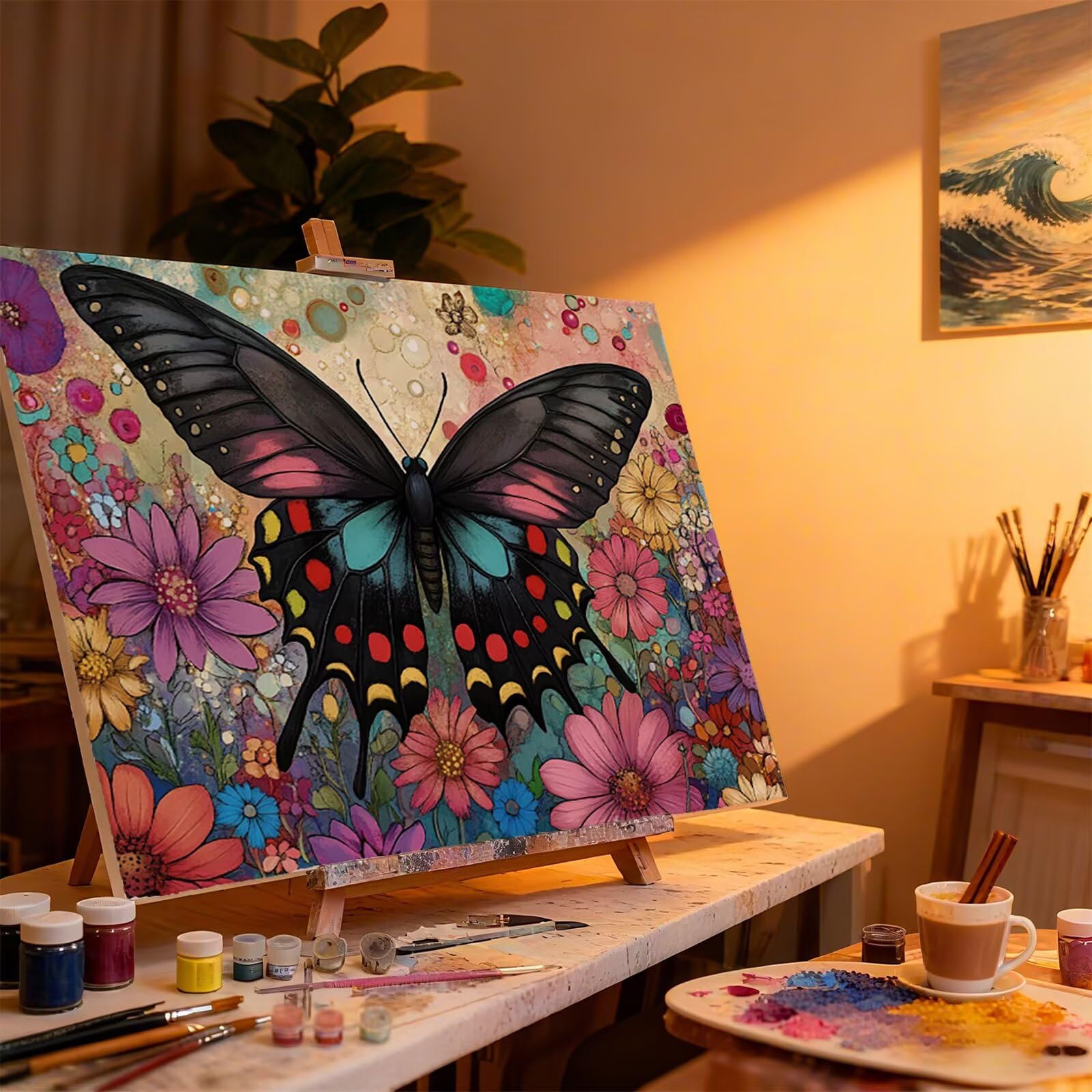 Peinture Numero Adulte Papillon Coloriage par Numero Adulte Fleur DIY Paint by Numbers, avec Pinceaux Peinture Loisir Creatif Enfant Numéro D'art Cadeau Femme, Pour Decoration Maison 70x90cm H - 969