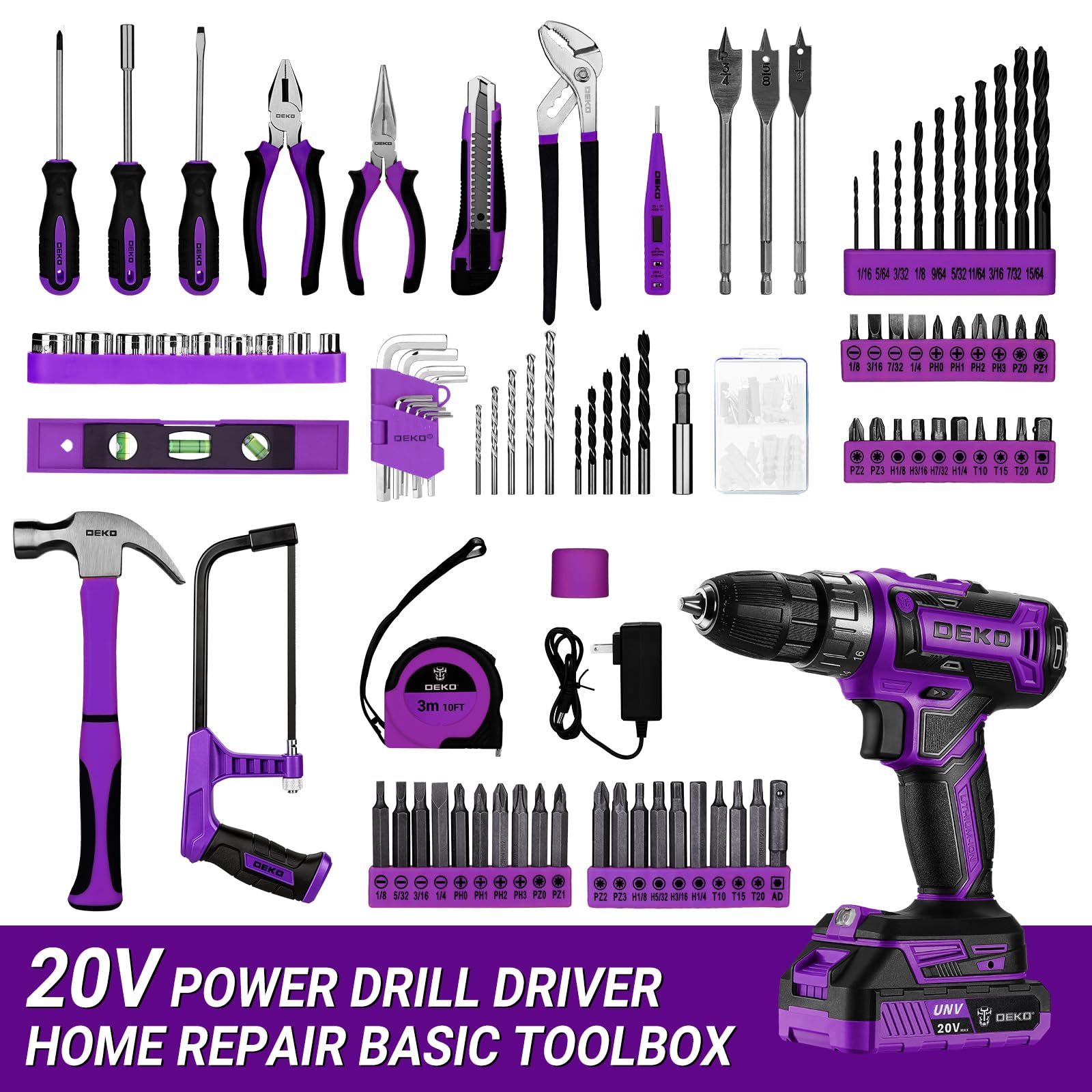 DEKO Caisse à Outils Complète 186 Pièces: Boîte à Outils Violet avec Perceuse Visseuse Sans Fil 20V, 1.5Ah Batterie, pour Maison, Bureau et Voiture, pour Entretien Quotidien