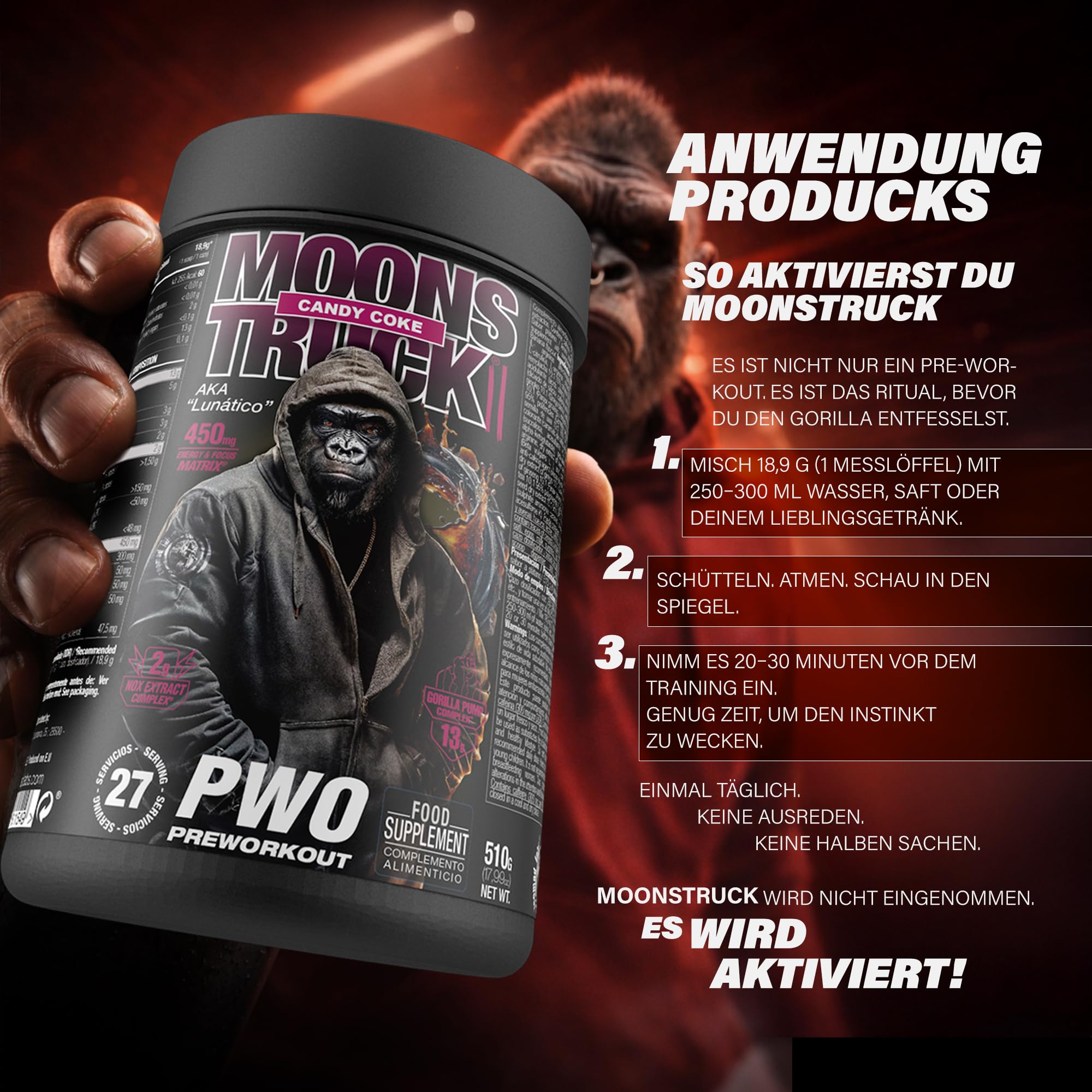 Zoomad Labs | Moonstruck II Pre Workout Booster mit Koffein Wassermelone | Gorilla Pump 13 g · Citrullin · AAKG · Arginin | 299 mg Koffein | 510 g · 27 Portionen
