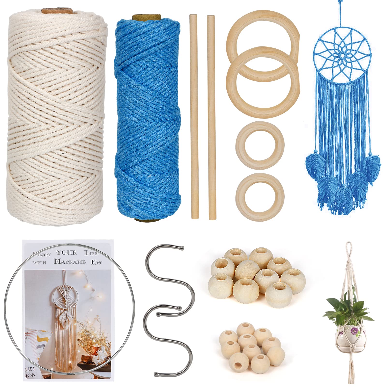 Hotoolme Macrame Kit for Beginners Macrame Plant Hanger Kit Wall Hanging kit with 274 Yards 150m Cotton Rope Wooden Beads Wooden Rings