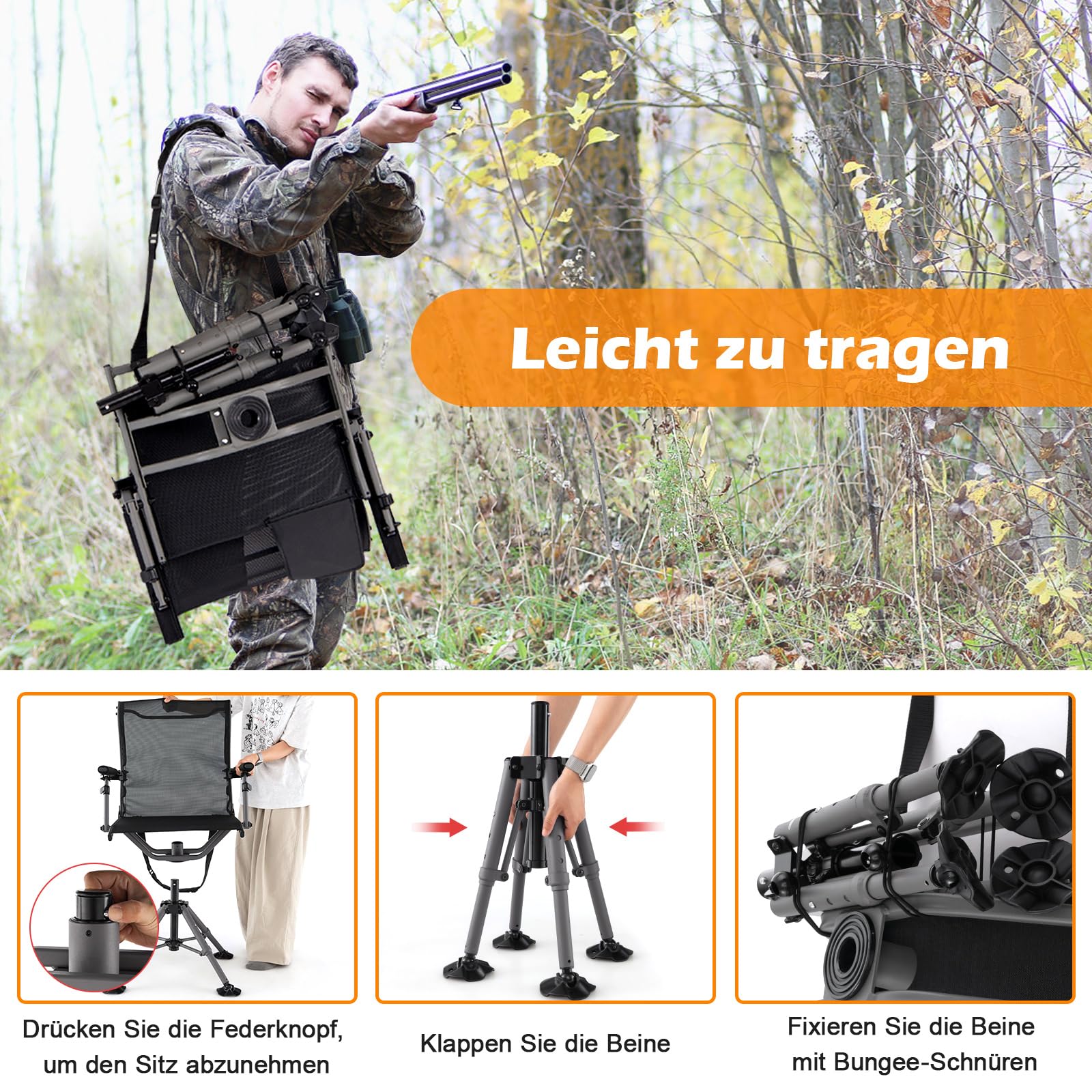 COSTWAY Krzesło myśliwskie, składane krzesło z regulowanymi nóżkami, podłokietnikami i uchwytem na pistolet, ciche obracanie o 360°, przenośne krzesło obrotowe z paskiem do noszenia, na polowanie i
