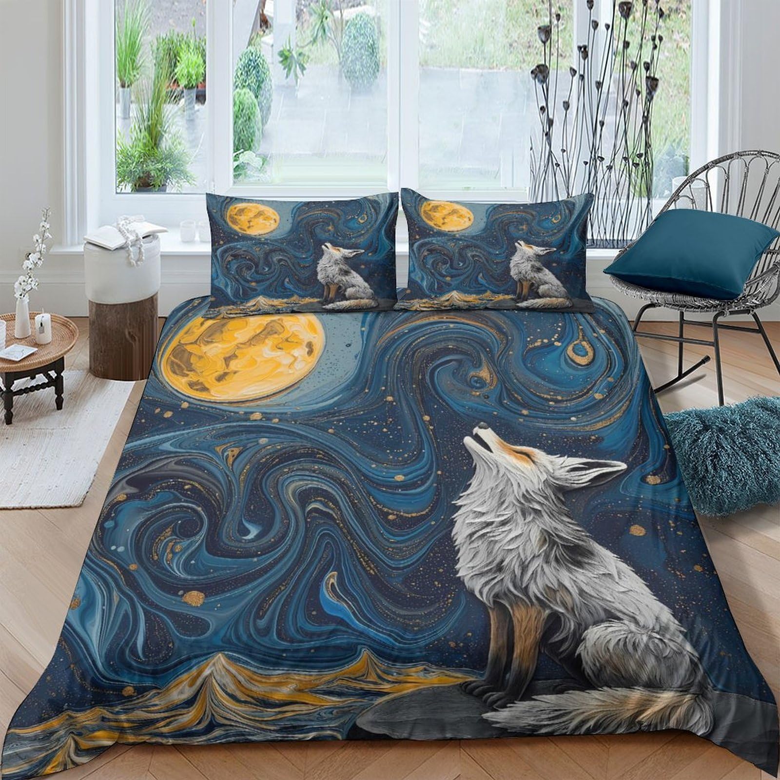 Ctjqhvkz Style-4 3D Printed Moon Night Wolf Fitted Sheet Microfiber Breathable Starry Sky Bed Cover For Bedroom Home Decor Single（135X200cm）