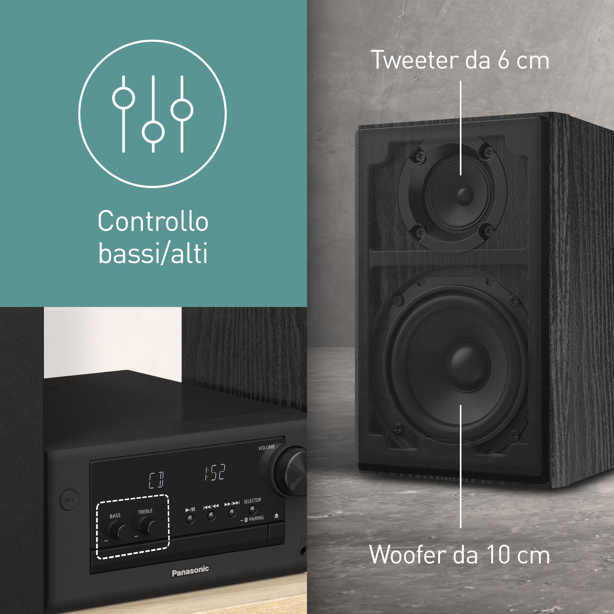 Panasonic SC-PM702EG-K Neat Impianto Stereo Compatto Micro Hi-Fi con CD, Radio DAB+/FM, USB e Bluetooth, Altoparlanti 80W, Controllo dei Bassi, Nero.