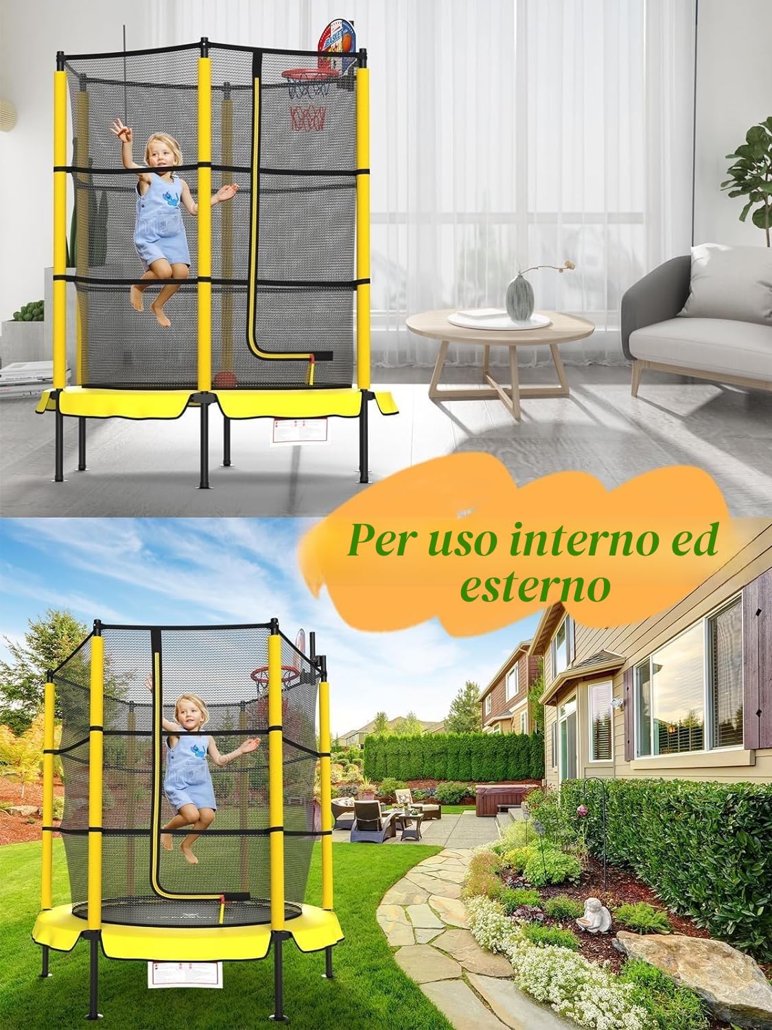 PILIN Trampolino Per Bambini Con Cesto, Trampolino Per Bambini All'Aperto ?145cm Con Molle, Rete Di Sicurezza Rialzata - Regali Di Compleanno Per Bambini e Bambine, Regali Di Natale