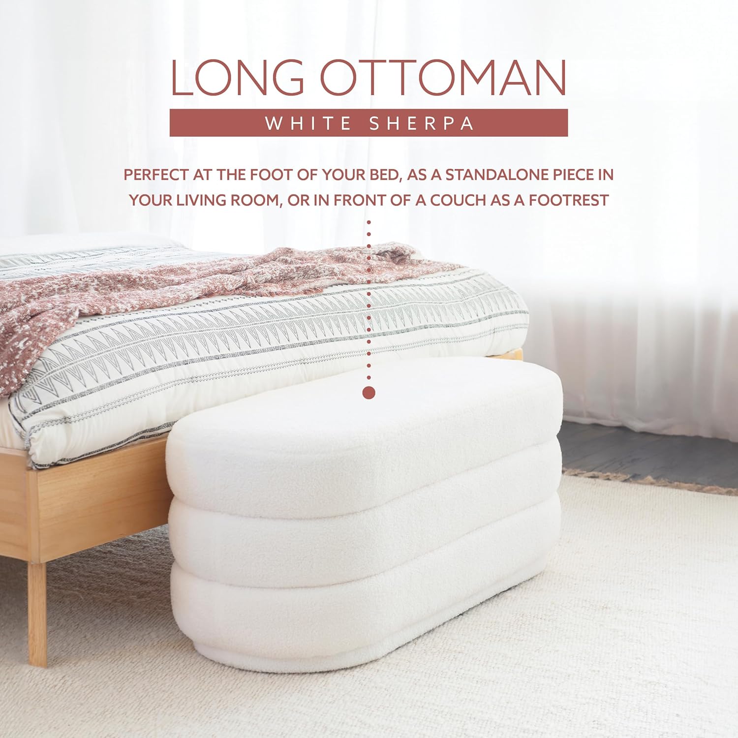 Linon Sherman White Sherpa Oblong Ottoman with Stitched Channel Designs