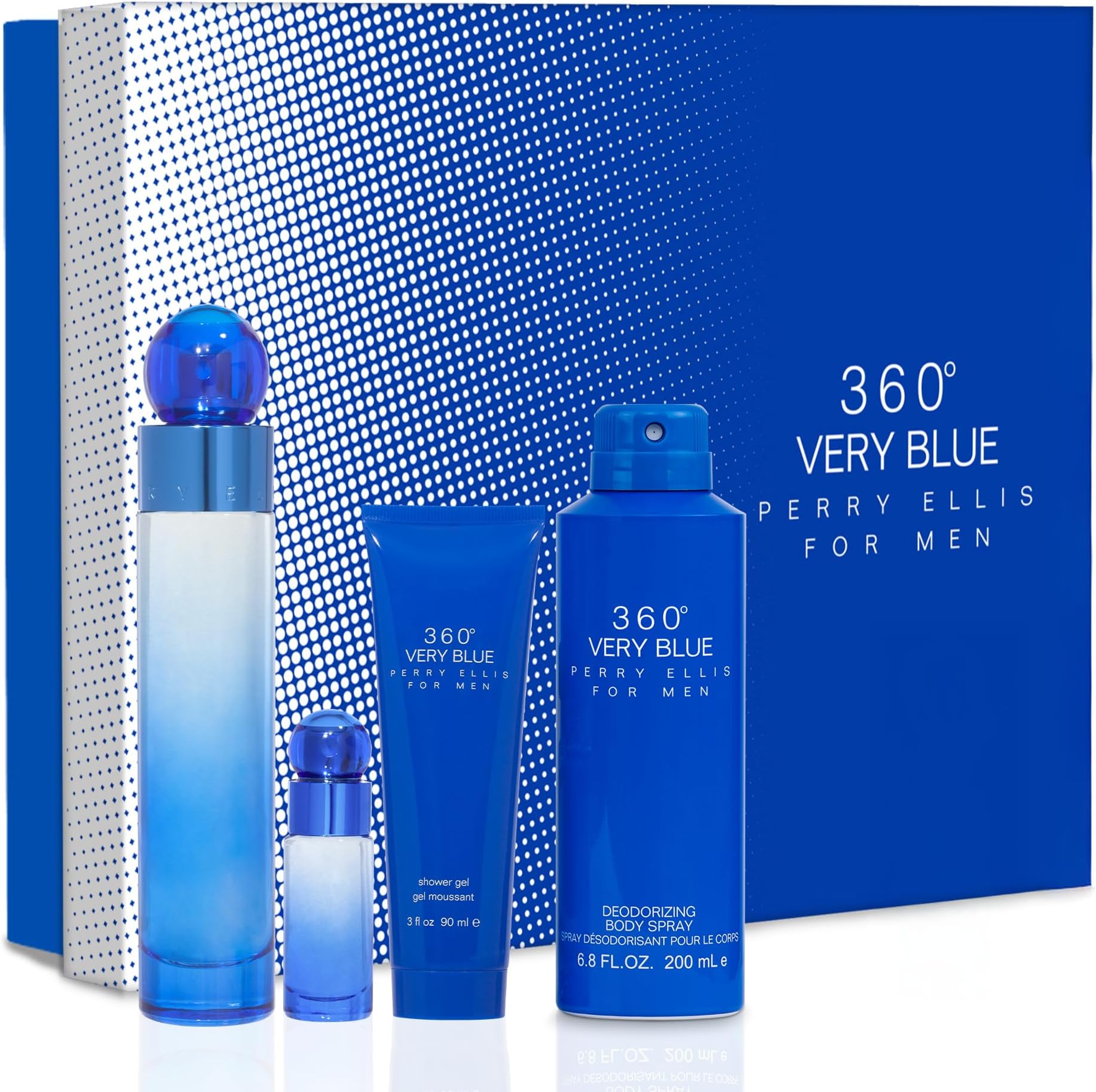 360 Very Blue 4 Pieces Gift Set for Men, (3.4 Ounce Eau de Toilette Spray + 6.8 Ounce Body Spray + 3.0 Ounce Shower Gel + 0.25 Ounce Eau de Toilette Spray)