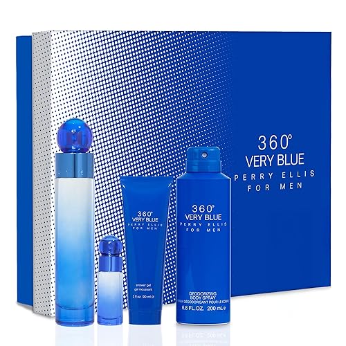 Perry Ellis 360 Very Blue 4 Pieces Gift Set for Men, (3.4 Ounce Eau de Toilette Spray + 6.8 Ounce Body Spray + 3.0 Ounce Shower Gel + 0.25 Ounce Eau