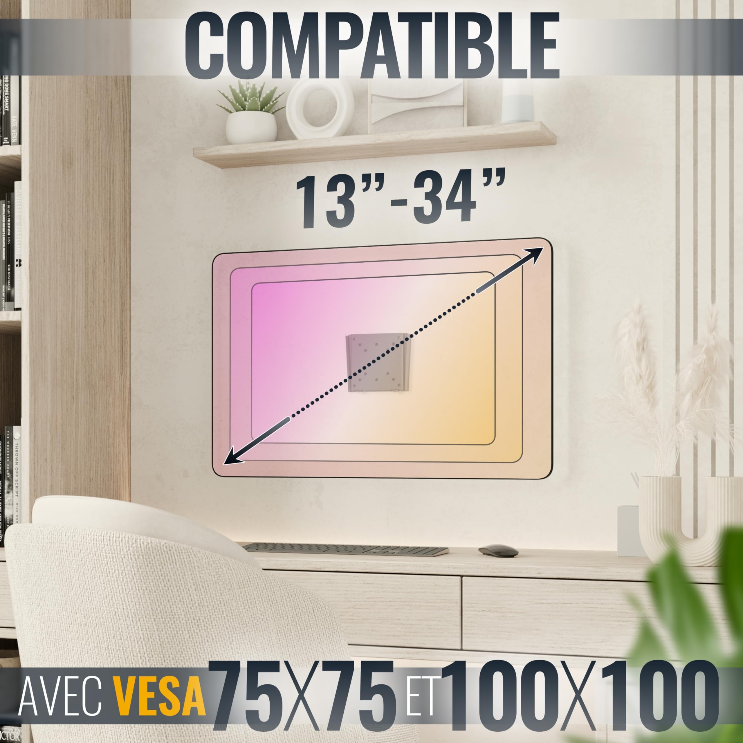 RICOO F0311 Support Mural Écran PC TV 13 17 19 22 24 27 28 32 34 Pouces Fixe Plat Ultra Slim Universel Fixation Murale TV QLED OLED LED LCD VESA 50x50 75x75 100x100