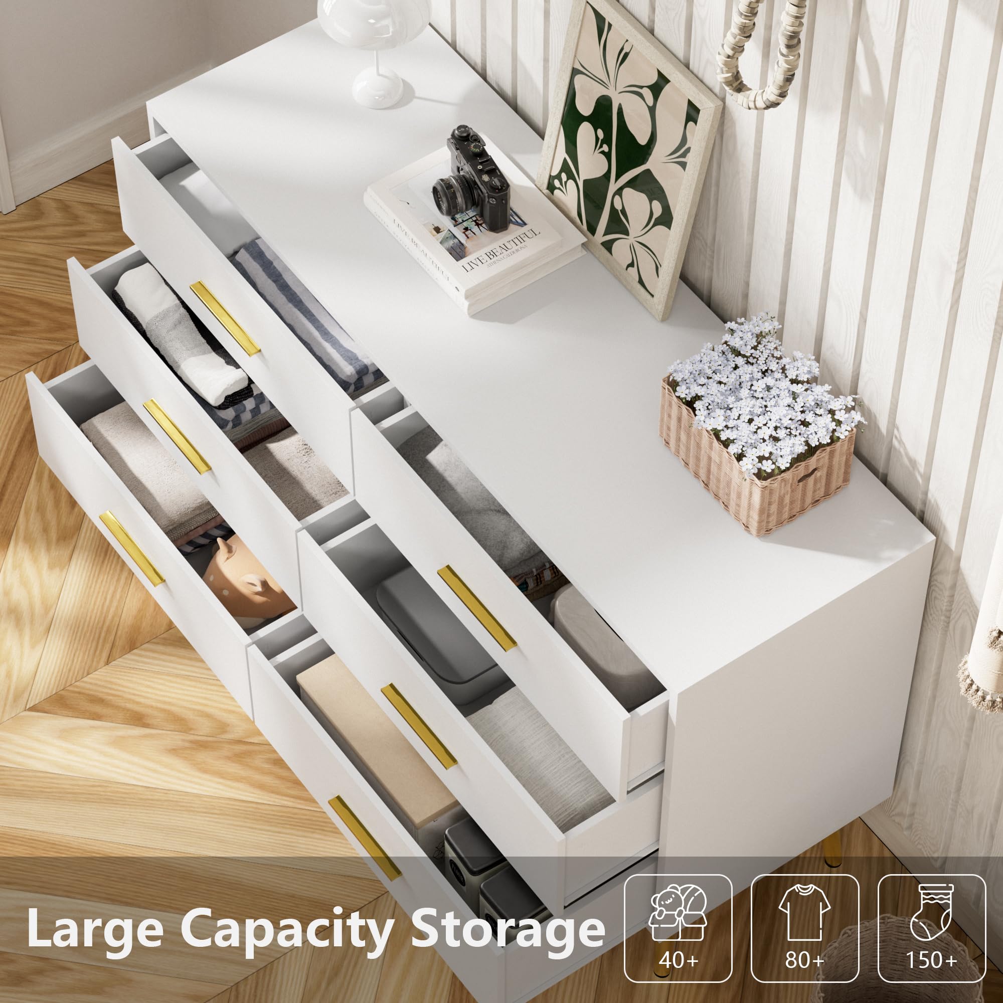 Amazon.com: LYNSOM White 6 Drawer Dresser for Bedroom with Gold Handles,  Modern Chest of Drawers, Wooden Dressers Organizer for TV Stand,Living  Room, Hallway, Entryway : Home & Kitchen