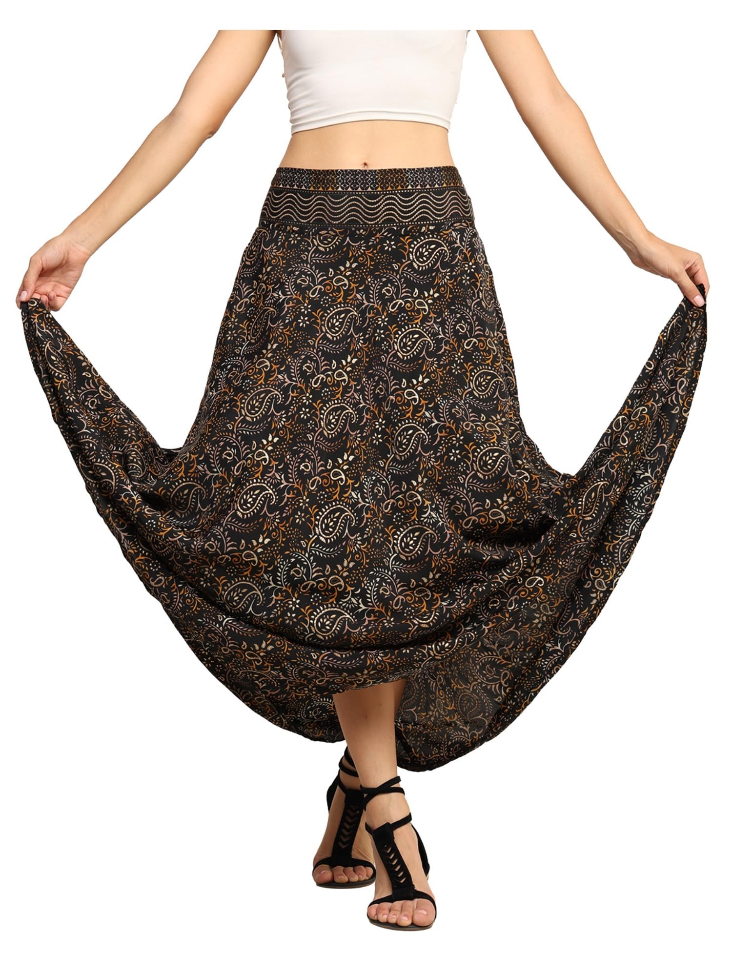 ke kanhaexports KE KANHA EXPORTS Skirt for Woman|Long Maxi Skirt for Woman|Boho Beach Border Print|Lightweight Flowy Travel Outfit|Multicolor|Easily fits S to L|Waist 28-44 inches|Length 38 inches-picture-44