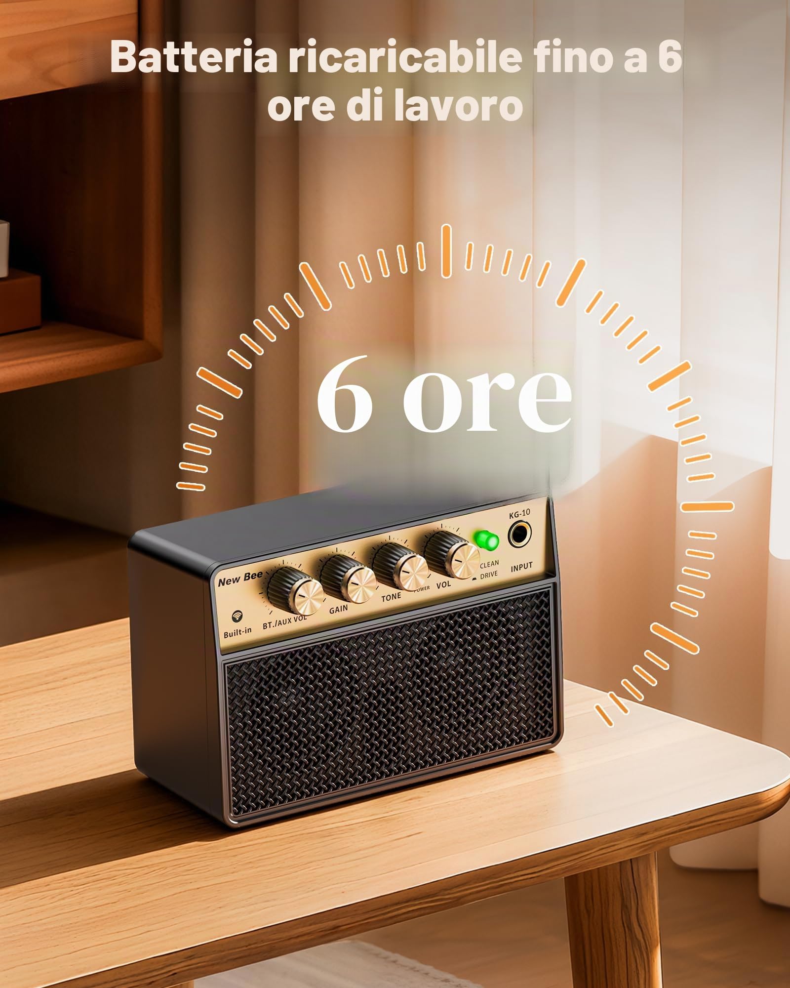 New Bee Amplificatore Chitarra Elettrica Portatile Ricaricabile 10W Mini Basso Elettrico Canale Clean & Drive 6,35mm