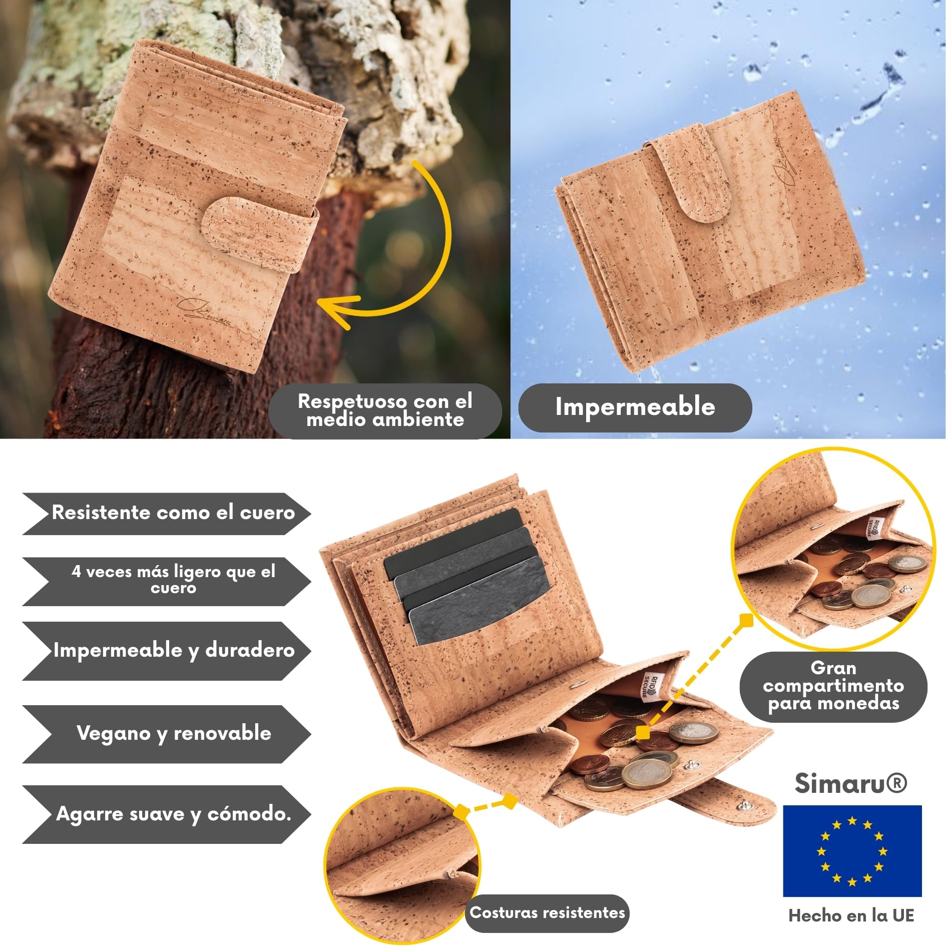 Simaru Cartera Billetera Monedero pequeña y espaciosa con Monedero – Cartera de Cuero Vegano con Cremallera y Espacio para 16 Tarjetas – para Hombres y Mujeres (Marrón)
