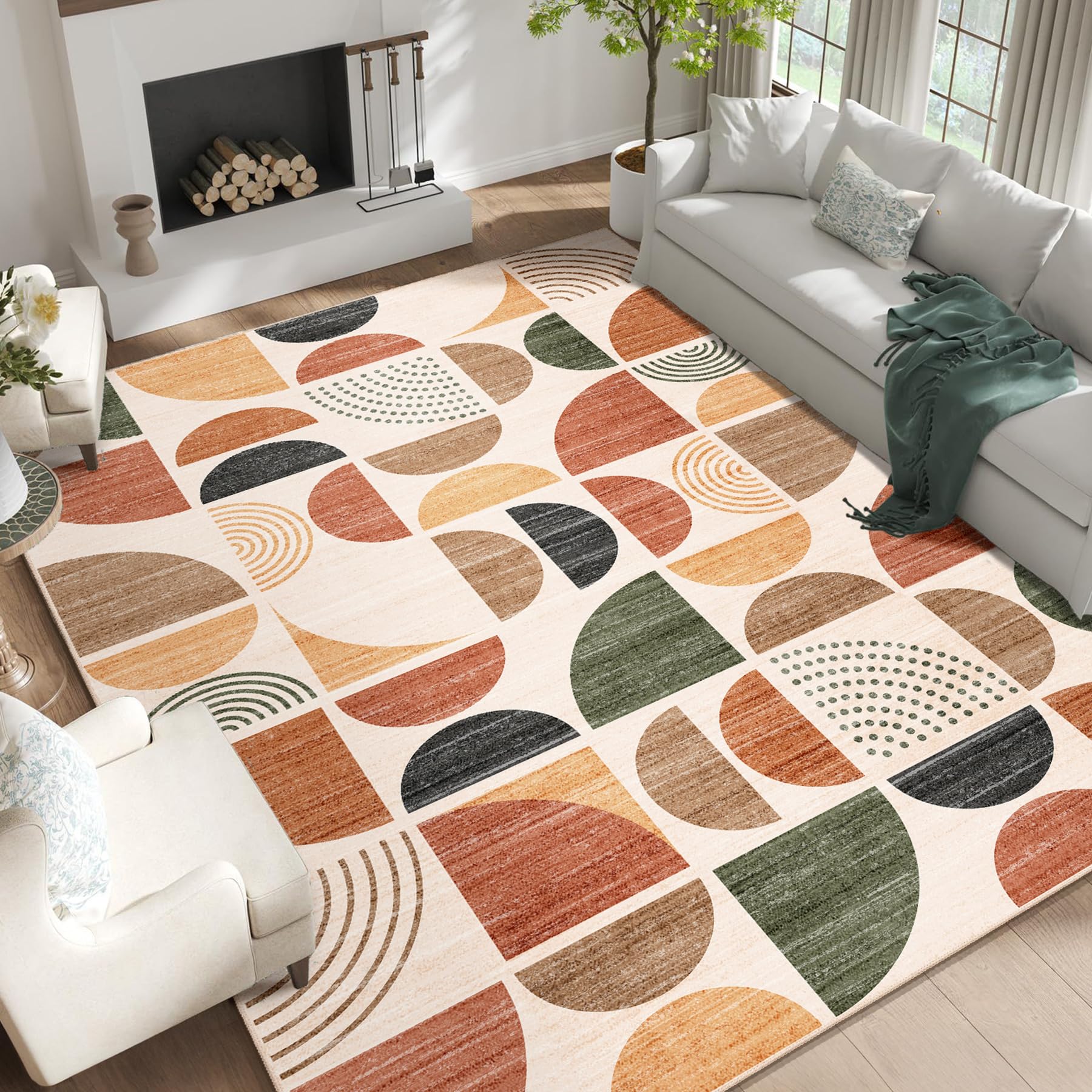 MUJOO 9x12 Area Rugs,Washable Rugs for Living Room Bedroom Dining Room,Large Boho Throw Floor Carpet Non Slip Soft Modern Abstract Bohemian Terracotta