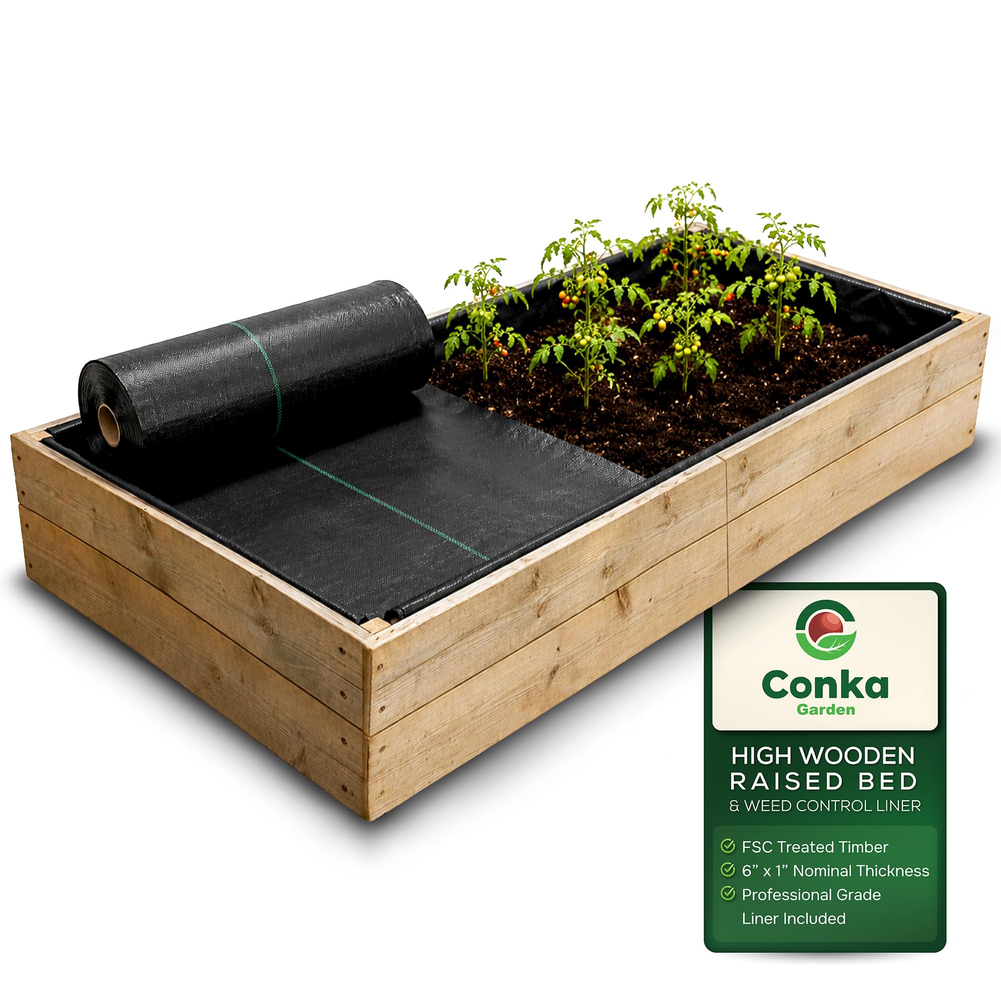 Conka Garden - Wooden Raised Bed Kit with Weed Control Liner - Large Garden Planters for Growing Vegetables, Herbs, Flowers & Fruit - Durable & Resistant FSC Treated Timber - 60cm x 120cm x 240cm