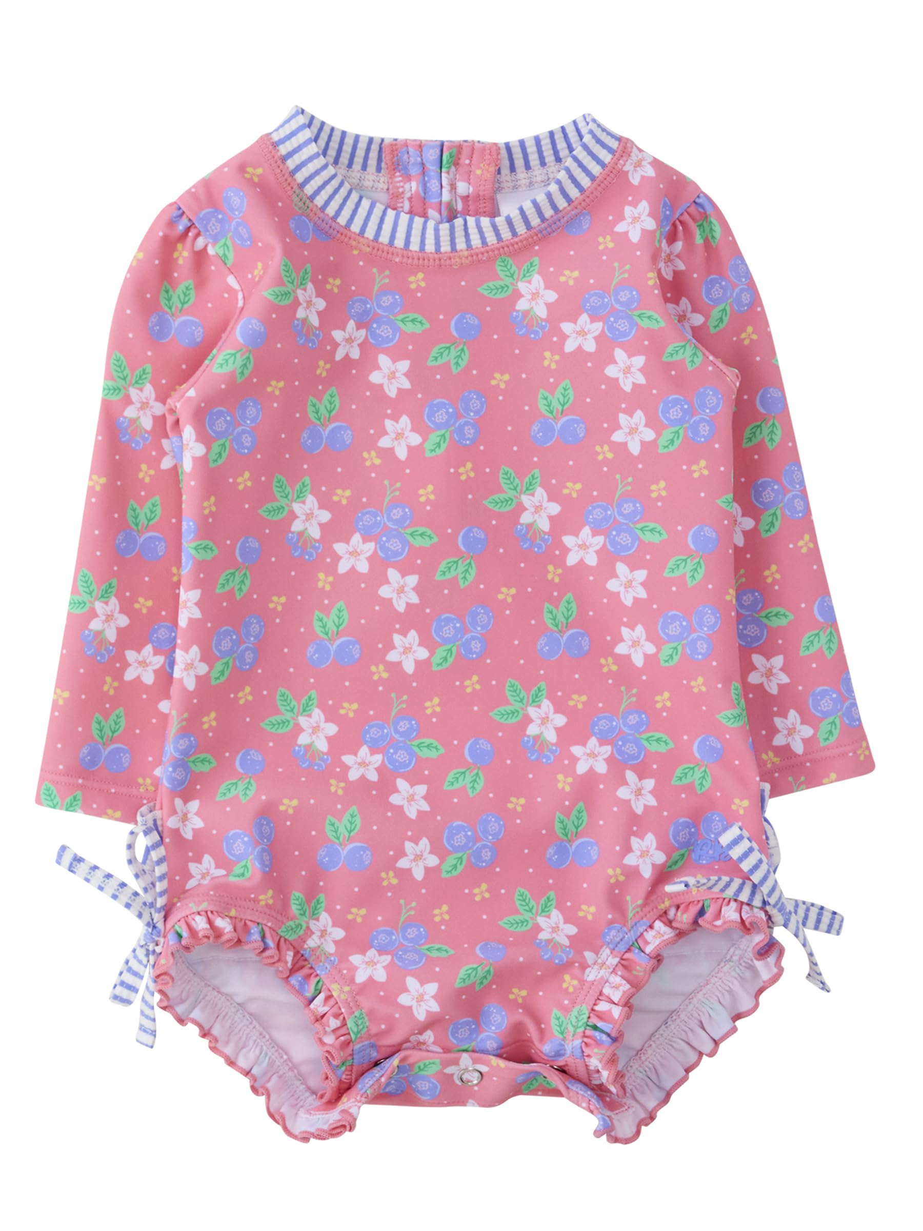 RuffleButts Baby Girls Novelty Baby One Piece - Rash Guard Swimsuit UPF 50+ | Premium Quality, 4-way Stretch, Snap + Zipper Closure, Long Sleeves, Hand Wash, UPF 50+ Sun Protection