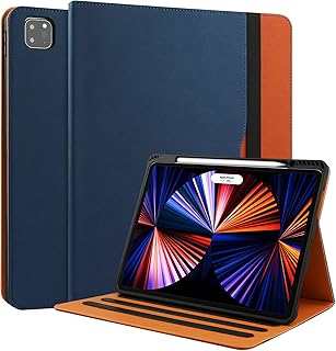 iPad Pro 12.9 Case 6th/5th/4th/3rd Generation Case 2022/2021/2020/2018 w/Pencil Holder, Folio Stand Cover with Multiple Angles & Auto Sleep/Wake for iPad 12.9 Inch Pro 6th/5th/4th Gen, NavyBlue/Brown