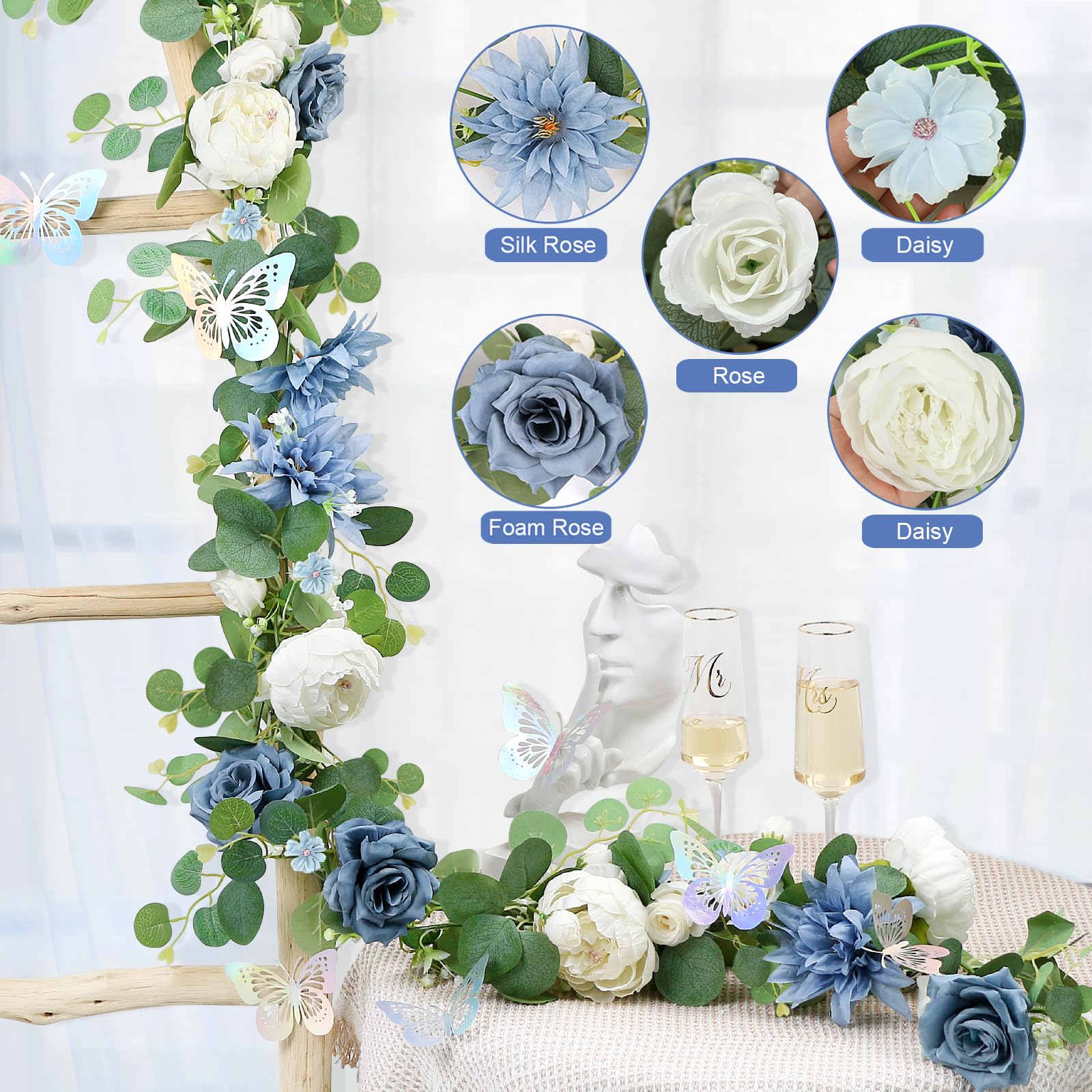Eukalyptus-Girlande mit Blumen – 2 Stück, 150 cm, künstliche Blumengirlande mit Schmetterlingen, künstliche Rosen, grüne Girlanden für Hintergrund, Hochzeitsbogen, Tafelaufsätze,