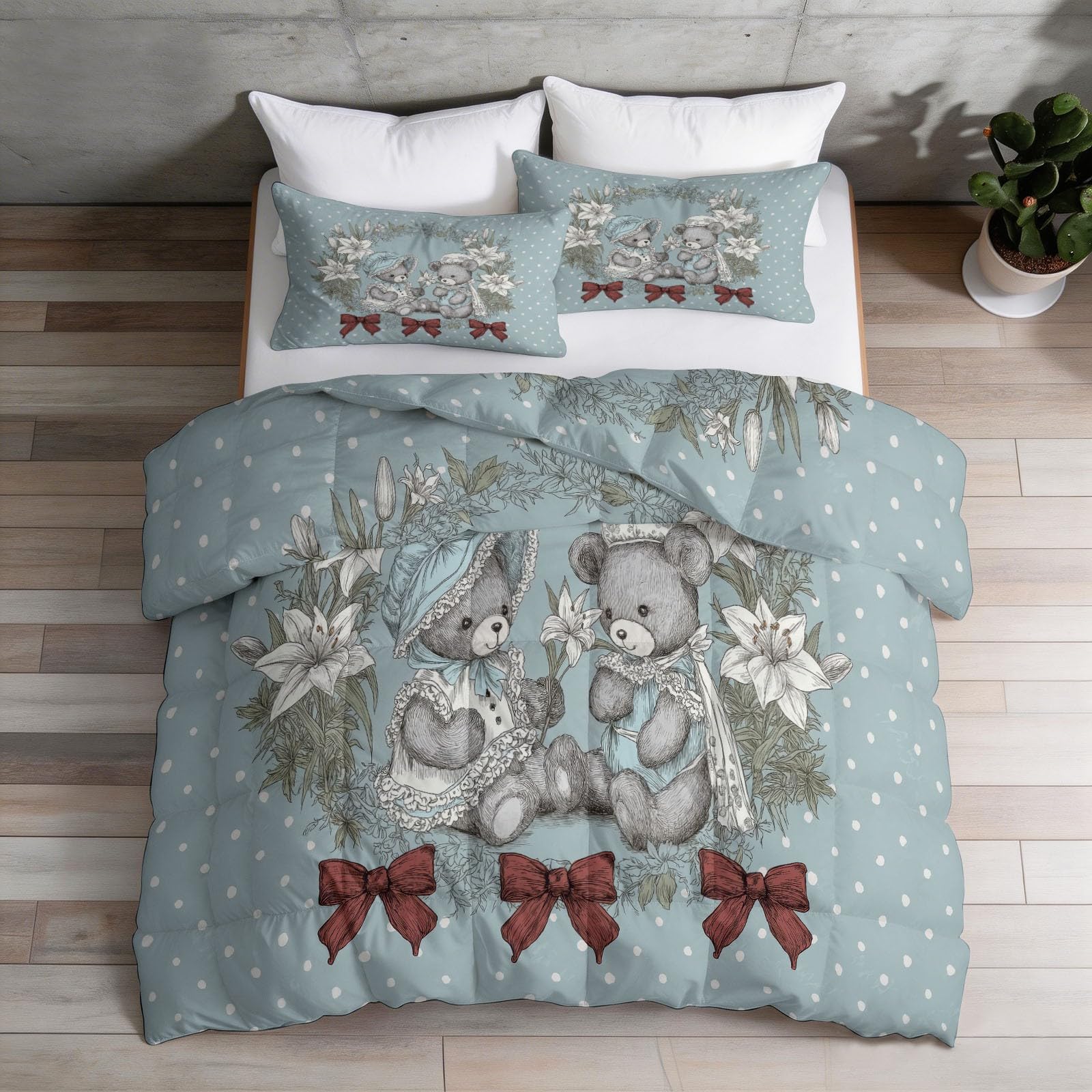 Edredón sin funda de edredón individual de 4,5 tog, 135 x 200 cm, acolchado de verano, estilo shabby chic, oso de peluche y lirio blanco, colcha reversible con estampado de animales, lunares, manta