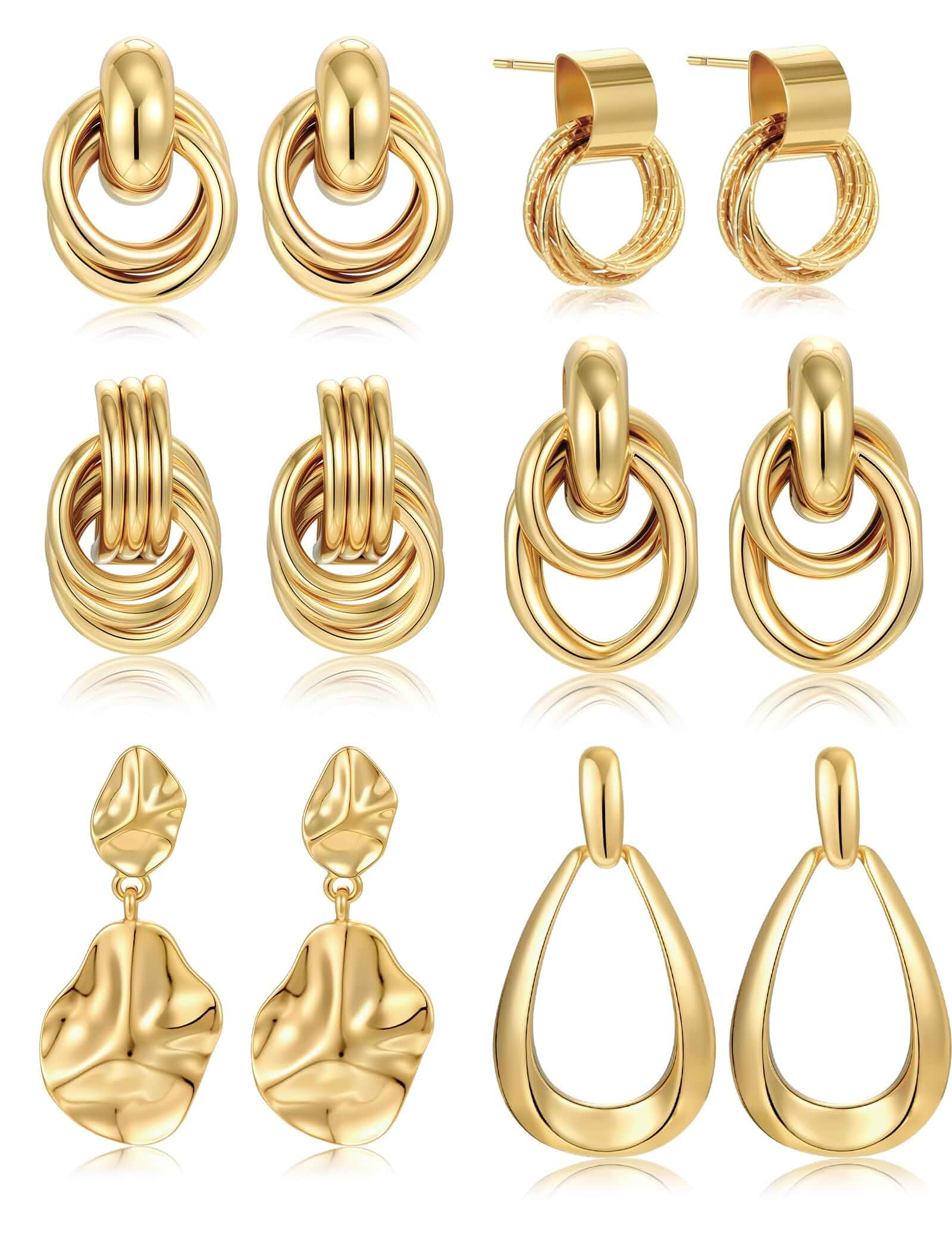 6 Pairs Chunky Gold Plated Knot Earrings for Women Statement Drop Dangle Teardrop Lightweight Hypoallergenic Fashion Accessories Jewelry Set Gifts for Lover