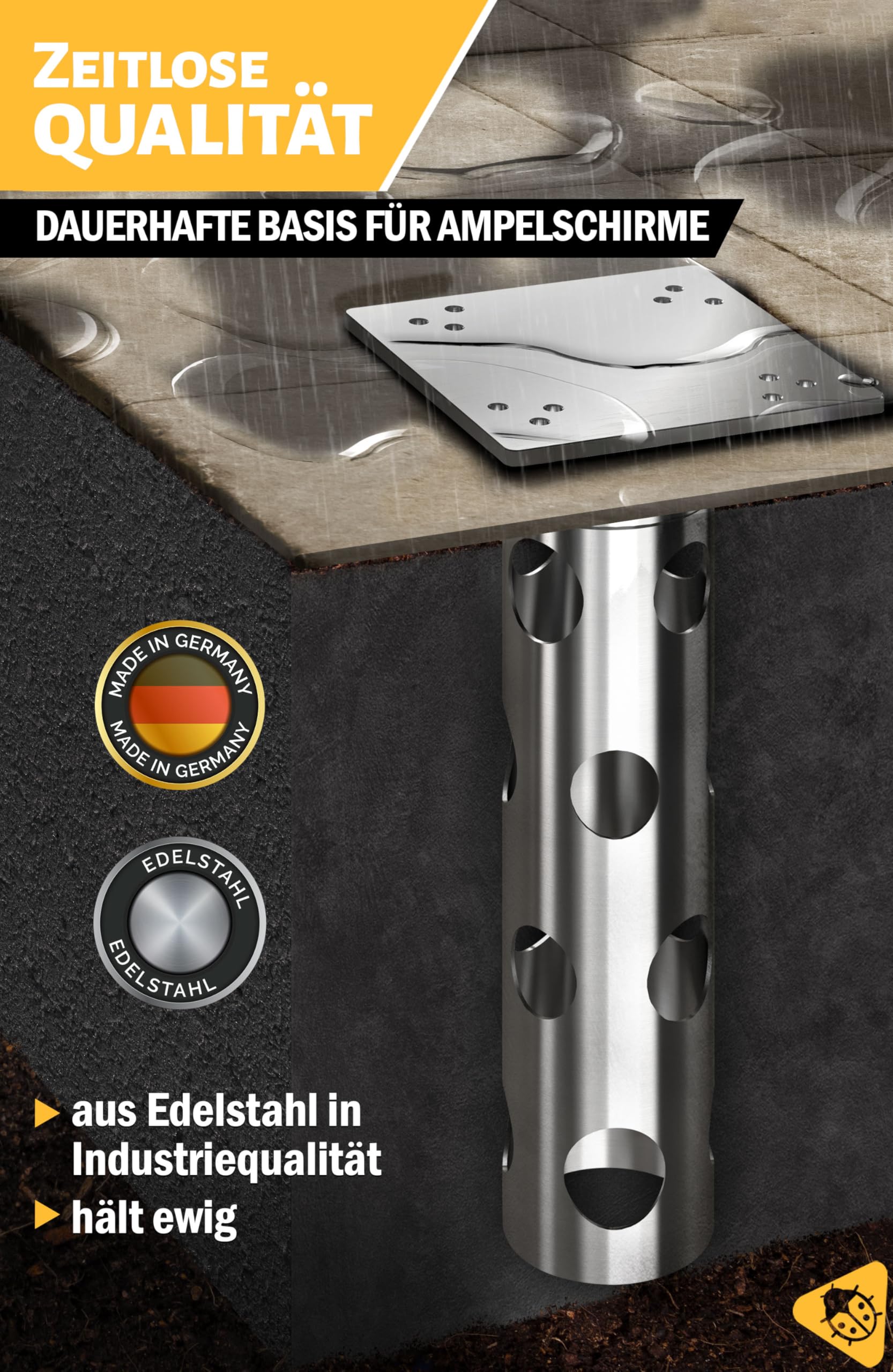 Menz Bodenhülse Sonnenschirm - Edelstahl Bodenanker Ampelschirm mit Bodenplatte zum Einbetonieren, Universal Sonnenschirmständer Ampelschirm, belastbar bis 1000 kg, Made in Germany