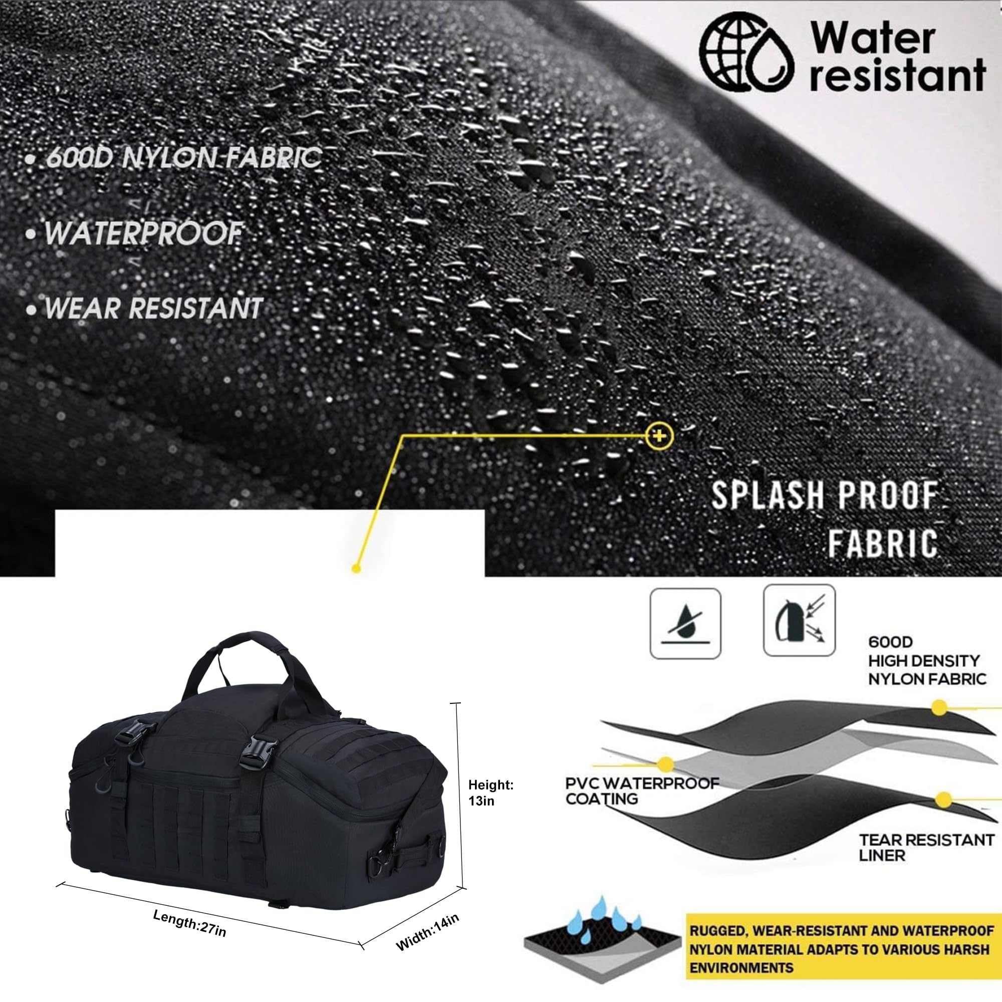 Zaino tattico 3 in 1 da palestra, borsa sportiva da viaggio per la notte, nero, 80L, Borsone | Funziona come borsa da gamma o zaino da moto, ideale per palestra, viaggi, campeggio, caccia e organizzazione degli attrezzi